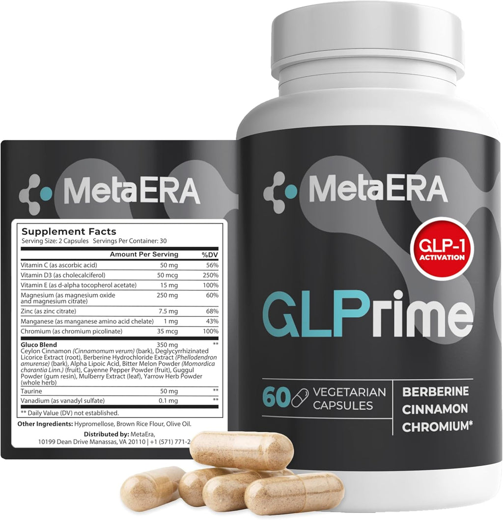 GLPrime GLP-1 Supplement - Natural GLP1 Booster with Berberine, Cinnamon & Chromium - 1 Bottle