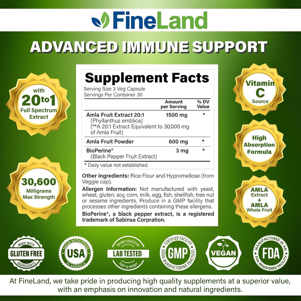 FineLand Amla (Indian Gooseberry) 20X Full Spectrum Extract – 30,600mg Equivalent per Serving with BioPerine® for Absorption, Rich in Natural Vitamin C, Immune & Digestive Support – 90 Vegan Capsules