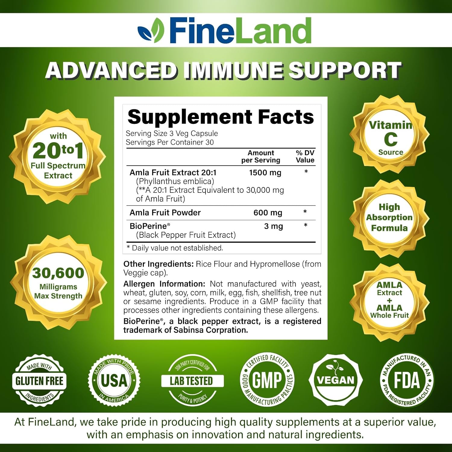 FineLand Amla (Indian Gooseberry) 20X Full Spectrum Extract – 30,600mg Equivalent per Serving with BioPerine® for Absorption, Rich in Natural Vitamin C, Immune & Digestive Support – 90 Vegan Capsules