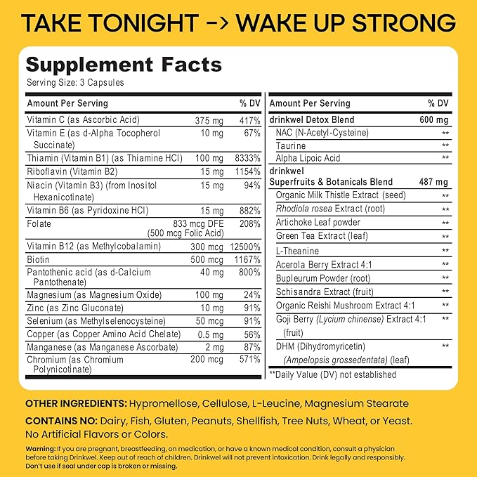 drinkwel for Better Mornings - Premium Multivitamin Supplement - Liver Support & Immune Support- Milk Thistle, Vitamin C, Zinc, Magnesium - 90 Count - Single Bottle