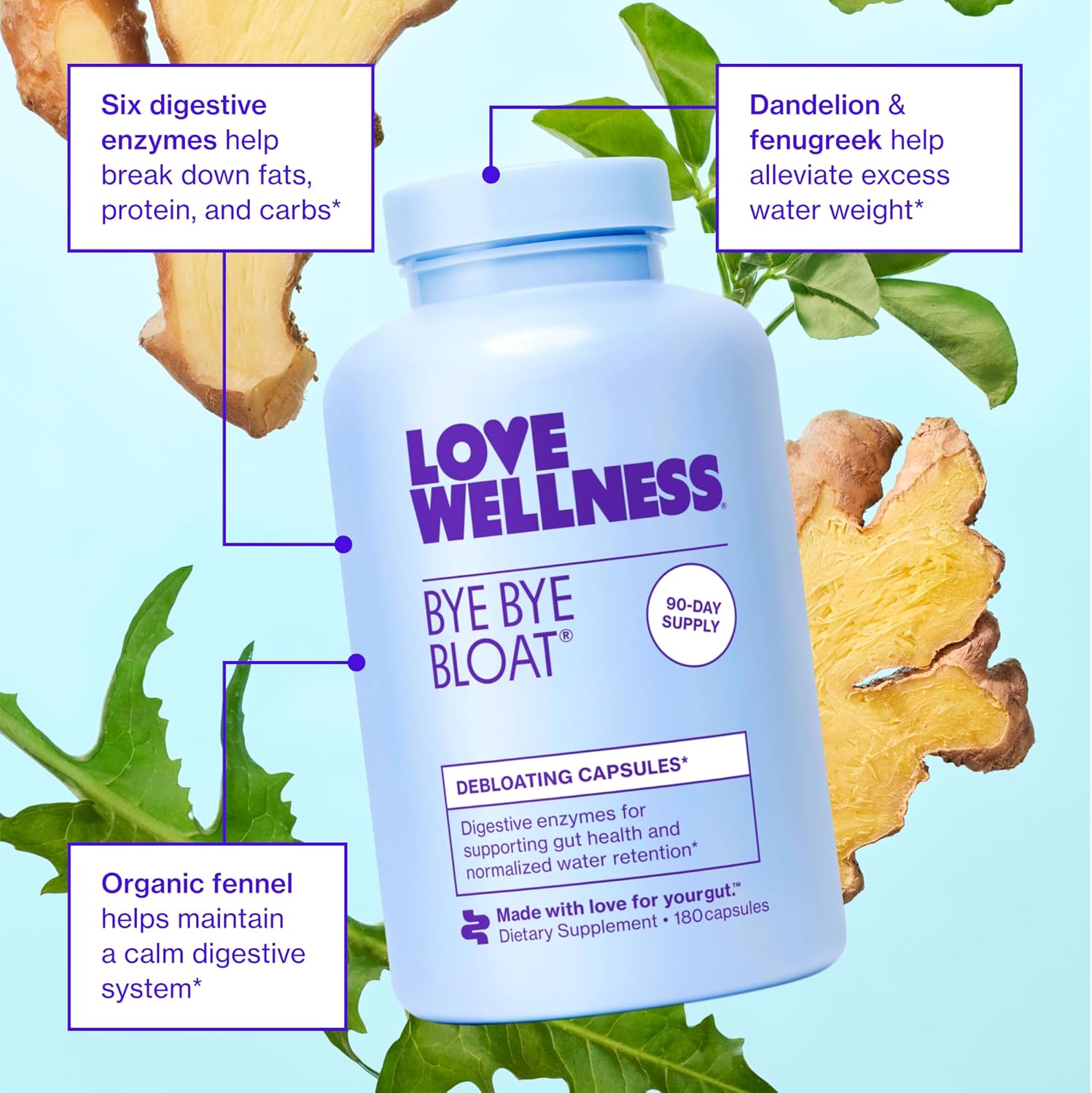 Love Wellness Bye Bye Bloat, Digestive Enzymes | Bloating Relief for Women | Help Reduce Gas Relief & Water Retention | Supports Digestive Health with Fenugreek & Dandelion | 180 Count