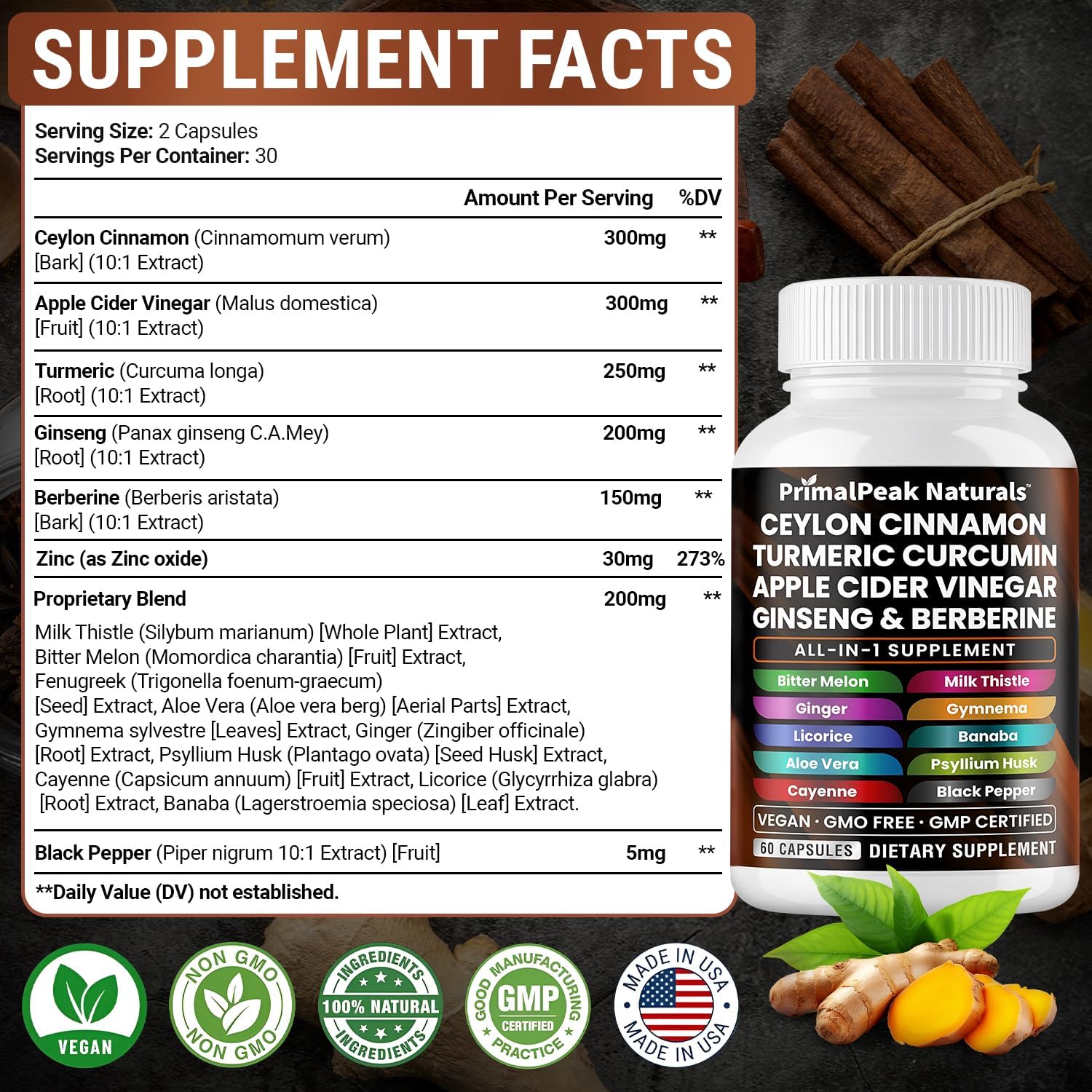 Ceylon Cinnamon Apple Cider Vinegar Turmeric Curcumin Panax Ginseng Berberine with Bitter Melon Banaba Milk Thistle Gymnema Sylvestre Vegan Capsules - 120 Count