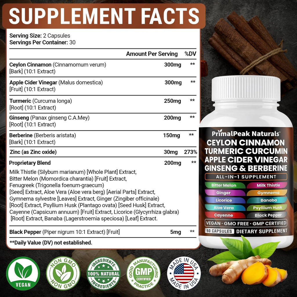 Ceylon Cinnamon Apple Cider Vinegar Turmeric Curcumin Panax Ginseng Berberine with Bitter Melon Banaba Milk Thistle Gymnema Sylvestre Vegan Capsules - 180 Count