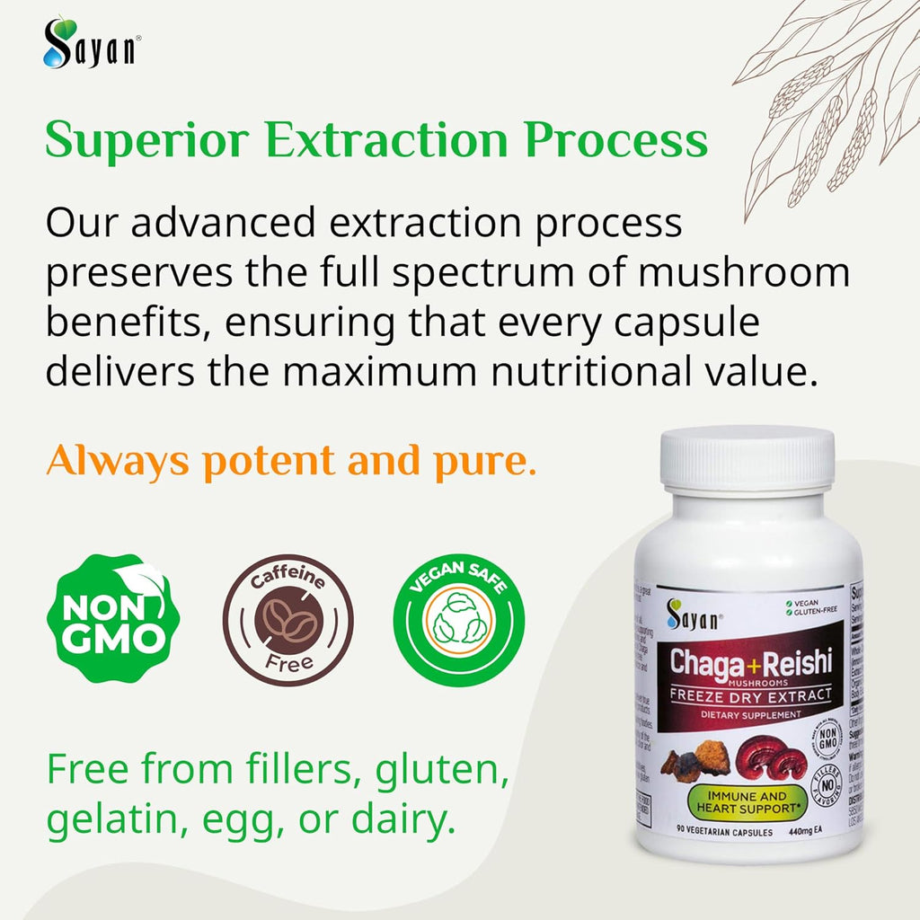 Sayan Siberian Chaga and Organic Reishi Mushroom Extract Supplement – 90 Capsules/440mg Each - Wild-Harvested, Antioxidant Blend for Immune System Support + Natural Energy Boost, Non-GMO, Gluten Free