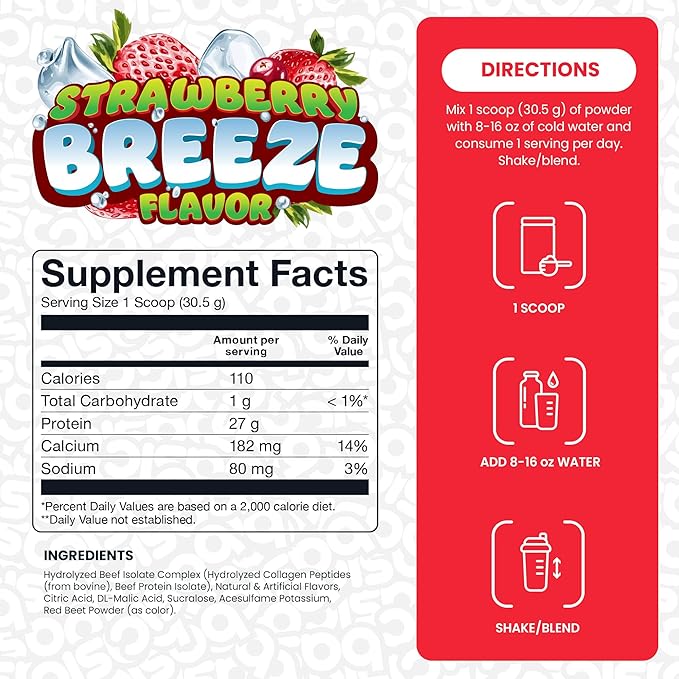 Hydrolyzed Clear Beef Isolate Protein Powder, 27g Protein, 9 Essential Amino Acids, Gluten-Free, Fat-Free, Sugar-Free, Dairy-Free, Lactose-Free, Supports Muscle Protein Synthesis