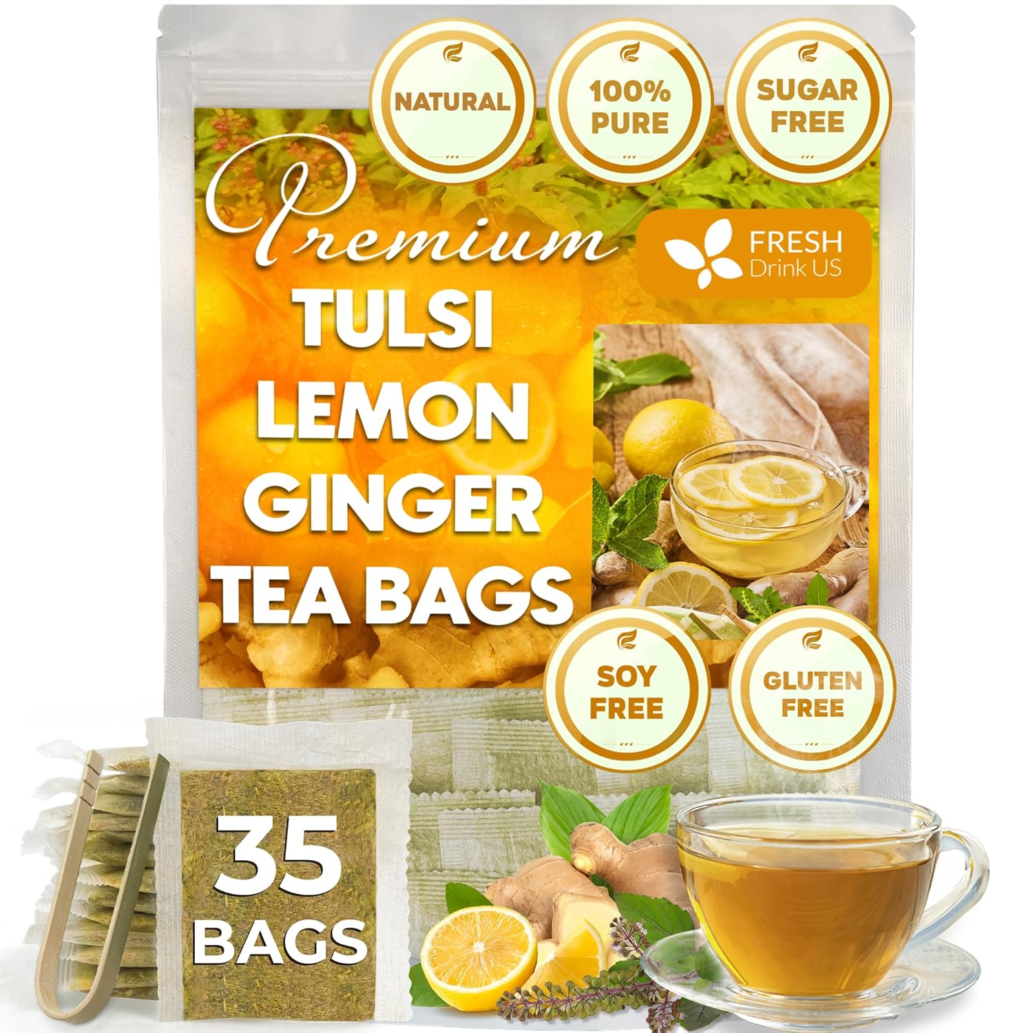 FreshDrinkUS, Premium 35 Tulsi Lemon Ginger Tea Bags, 100% Natural & Pure from Tulsi Holy Basil Leaves, Lemon and Ginger. Made with Natural Material Tea Bags. No Sugar, No Caffeine, Vegan.