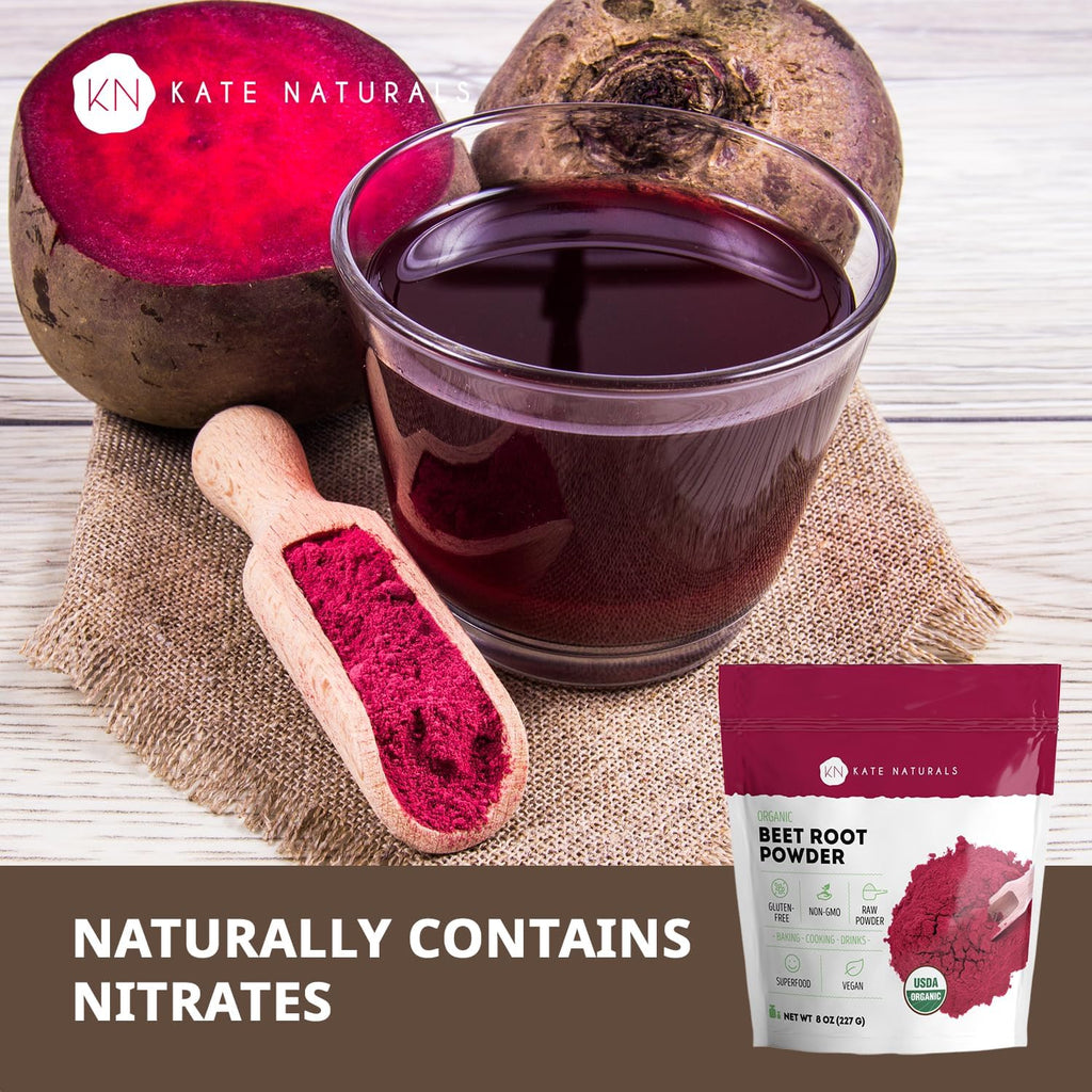 Kate Naturals Organic Beet Root Powder for Smoothies, Baking & Juice. Raw Beetroot Superfood Extract & Natural Red Food Coloring & Nitric Oxide (8oz, Non-GMO, Earthy Flavor)