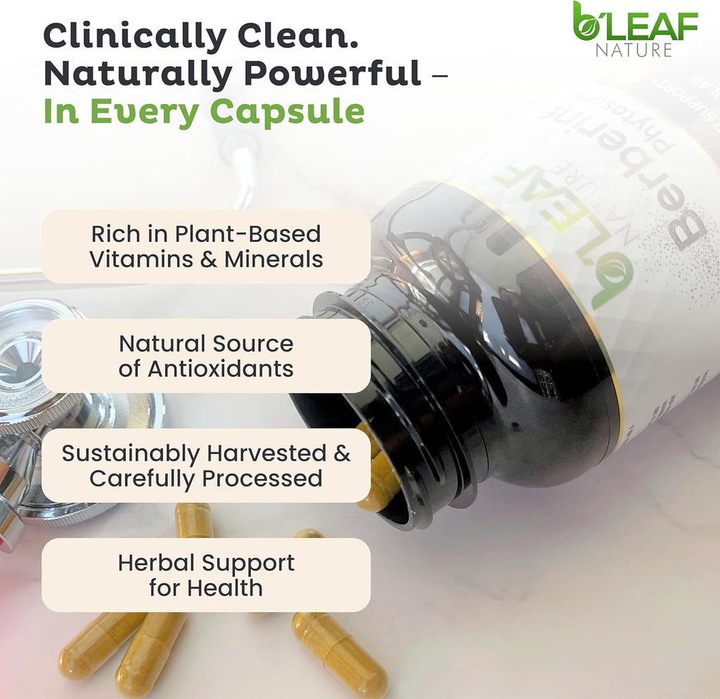 B’Leaf Nature Berberine Phytosome, 120 Capsules – 1100mg Berberine Supplement for Metabolic and Cardiovascular Support – Vegan, Gluten-Free, Non-GMO Berberine Phytosome Capsules for Immune Wellness