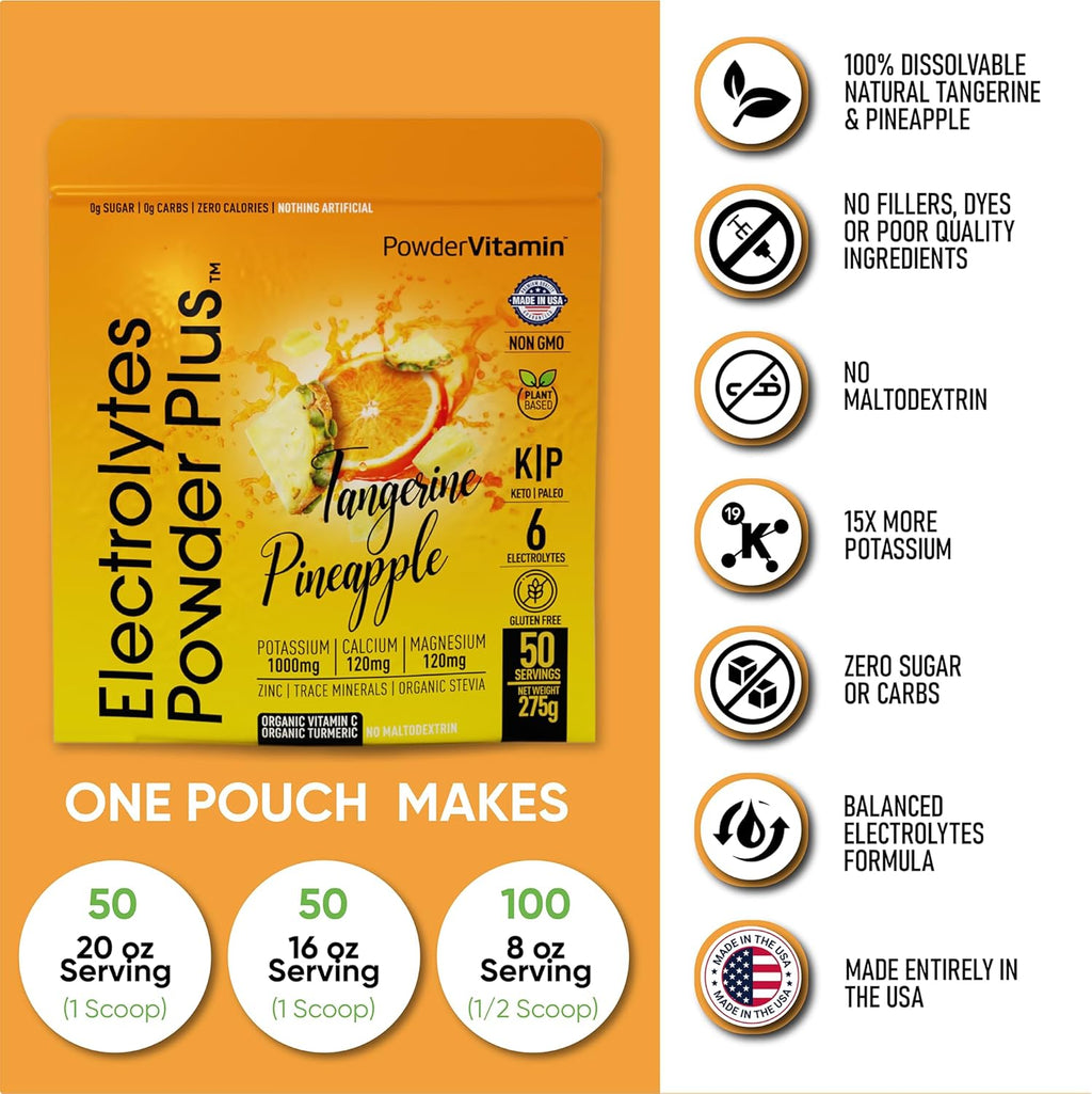 PowderVitamin Electrolytes Powder Plus (50 Servings) Tangerine Pineapple Electrolyte Powder 0 Calorie Keto, 0 Sugar, No Maltodextrin,1000mg Potassium,120mg Calcium,120mg Magnesium, Hydration Powder