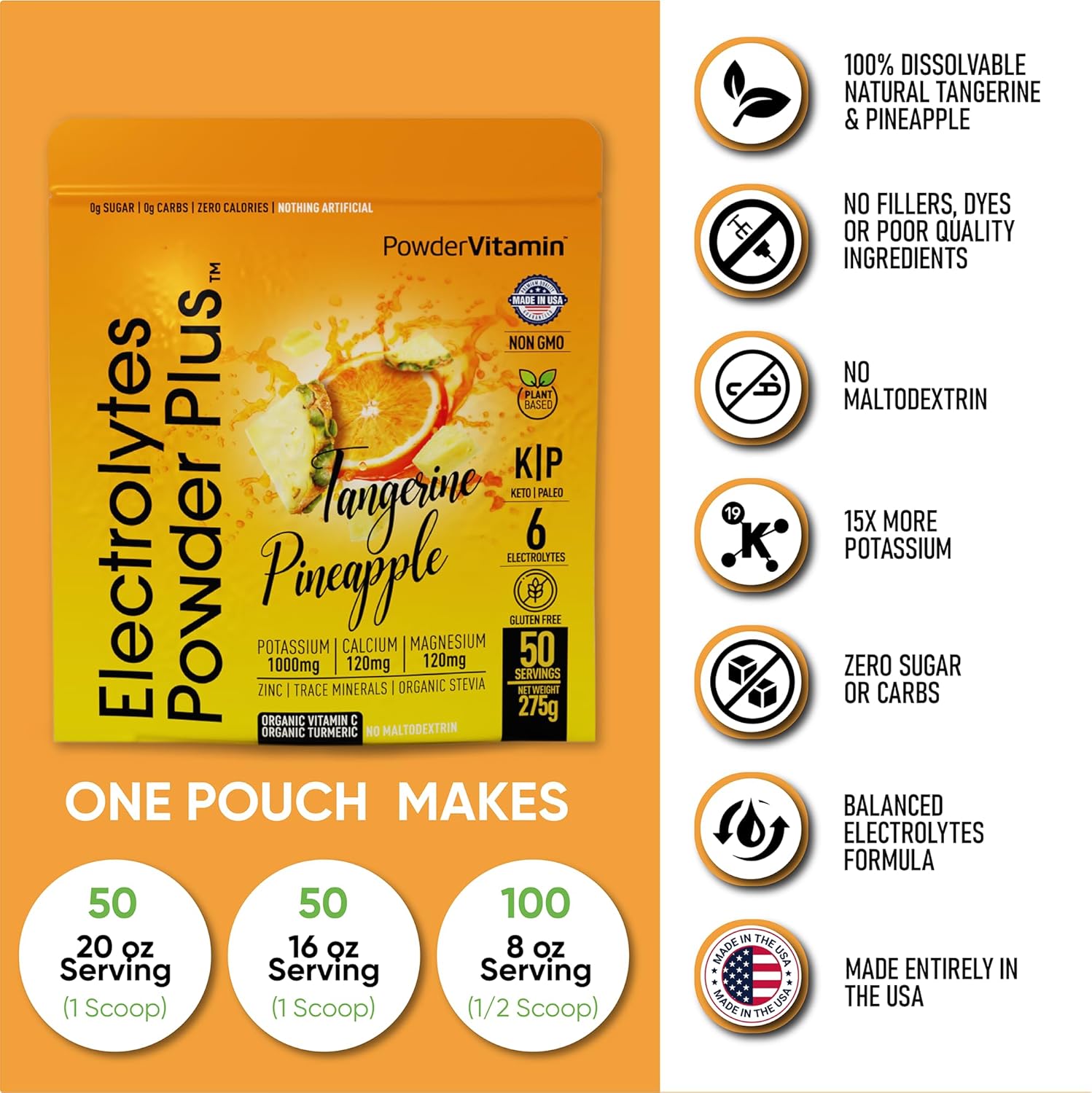 PowderVitamin Electrolytes Powder Plus (50 Servings) Tangerine Pineapple Electrolyte Powder 0 Calorie Keto, 0 Sugar, No Maltodextrin,1000mg Potassium,120mg Calcium,120mg Magnesium, Hydration Powder