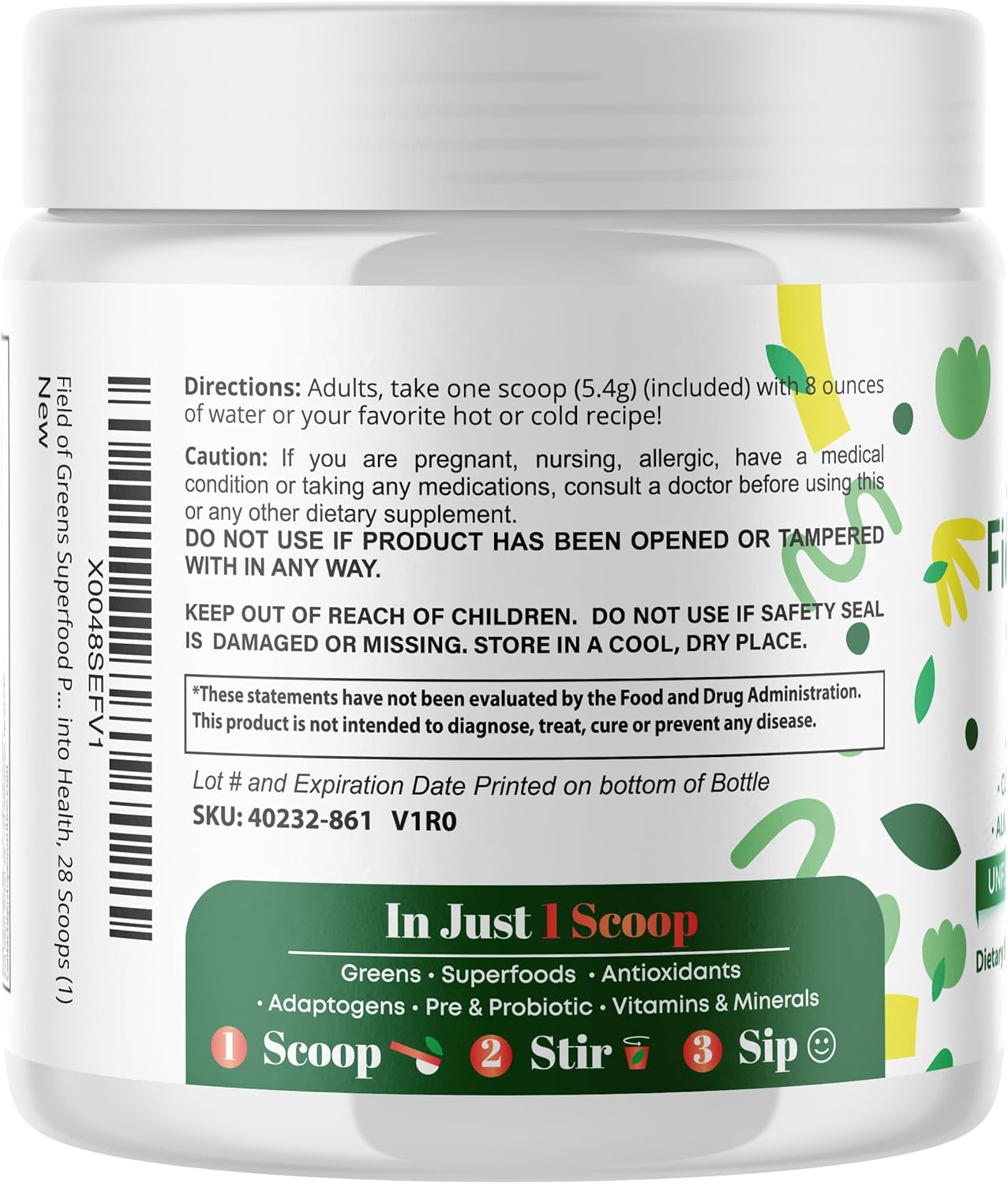 Field of Greens Superfood Powder with Organic Spirulina, Chlorella, Beet Root Powder - Bacillus Coagulans Probiotic, A Plant-Based Mix Supporting Gut Health, Immunity, 28 Scoops - Unflavored
