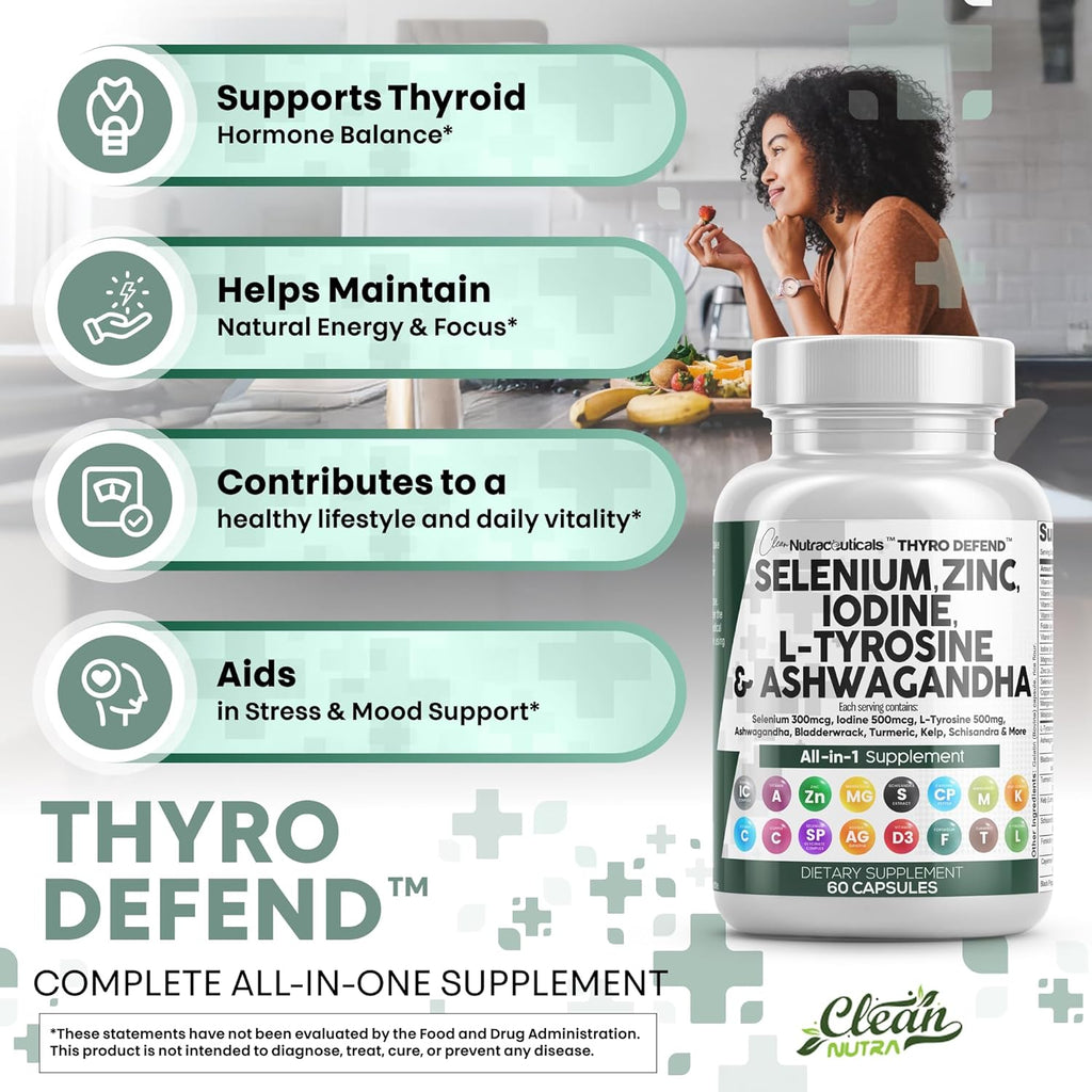 Clean Nutra Selenium 300mcg Iodine 500mcg Thyroid Support for Women & Men | L Tyrosine 500mg Ashwagandha Supplement Bladderwrack, Turmeric, Kelp, Schisandra Zinc Pills Capsule Supplements