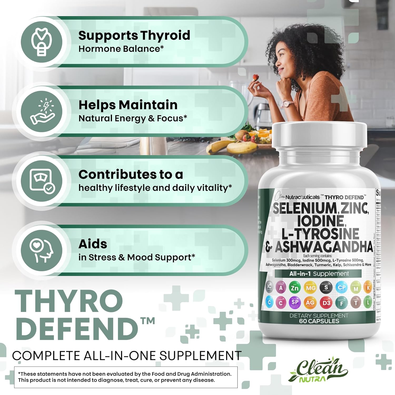 Clean Nutra Selenium 300mcg Iodine 500mcg Thyroid Support for Women & Men | L Tyrosine 500mg Ashwagandha Supplement Bladderwrack, Turmeric, Kelp, Schisandra Zinc Pills Capsule Supplements