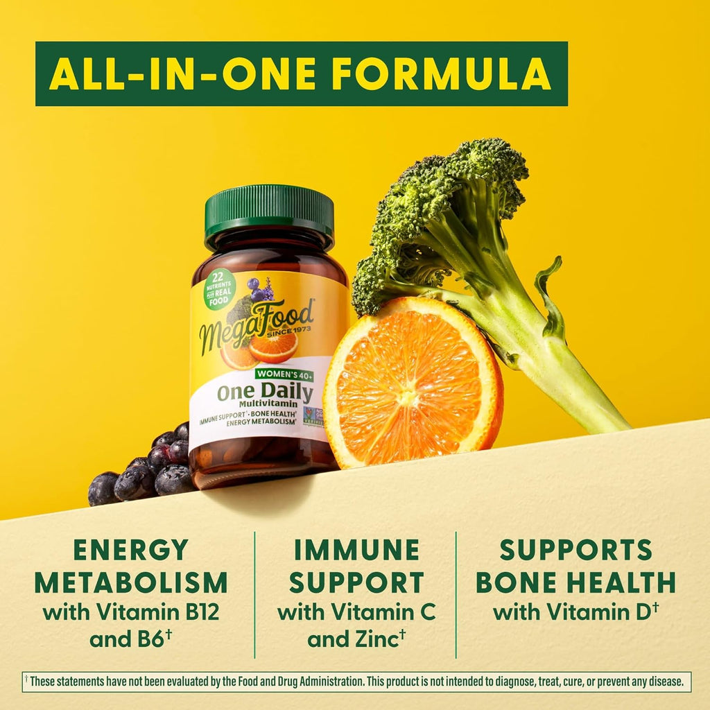 MegaFood Women's 40+ One Daily Multivitamin for Women - with Vitamin B12, B6, C, D, Zinc & Iron – Plus Real Food - Immune Support - Bone Health - Non-GMO - Vegetarian - 30 Tabs