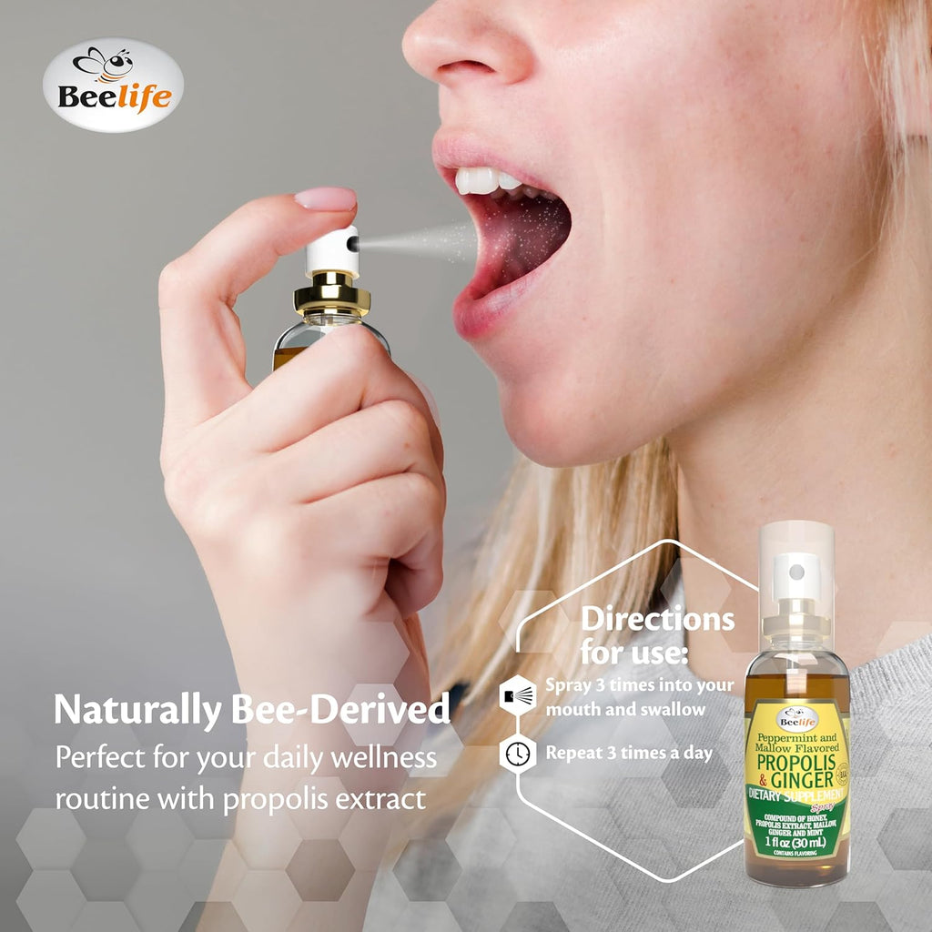 Beelife Propolis Throat Spray – Soothing Honey & Ginger Propolis - Natural Immune Support & Sore Throat Relief, Antioxidants, Rich in Flavonoids & Artepillin C, No Sugar, Gluten-Free - 1-Pack, 30ml