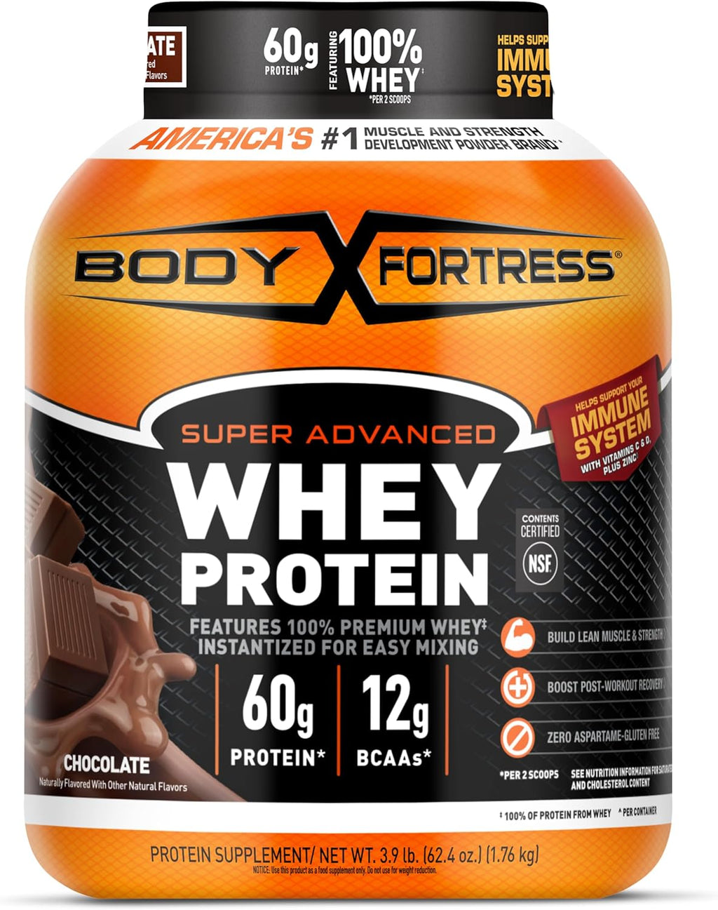 Body Fortress Super Advanced Whey Protein Powder, Chocolate, Immune Support (1), Vitamins C & D Plus Zinc, 3.9 lbs.
