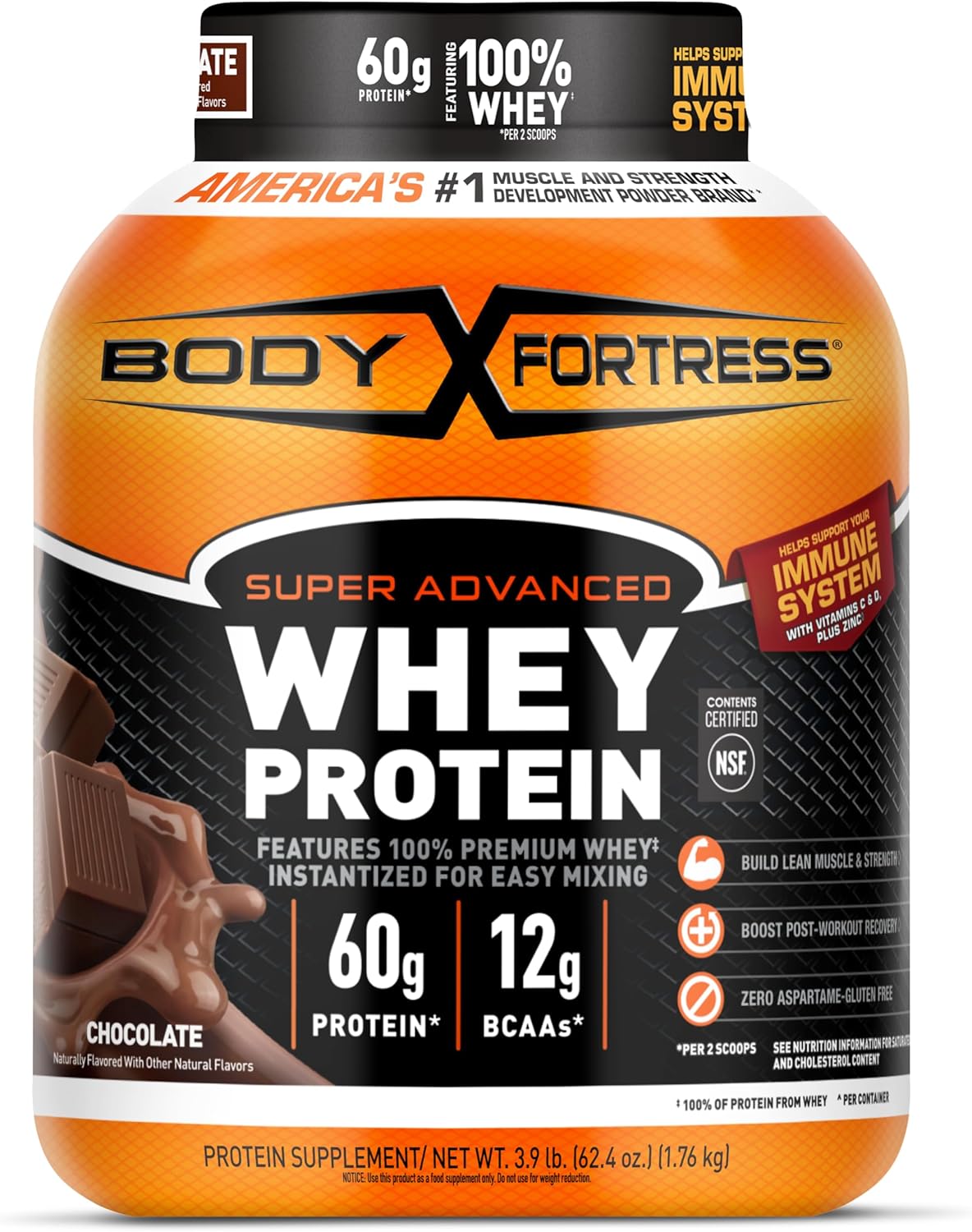 Body Fortress Super Advanced Whey Protein Powder, Chocolate, Immune Support (1), Vitamins C & D Plus Zinc, 3.9 lbs.