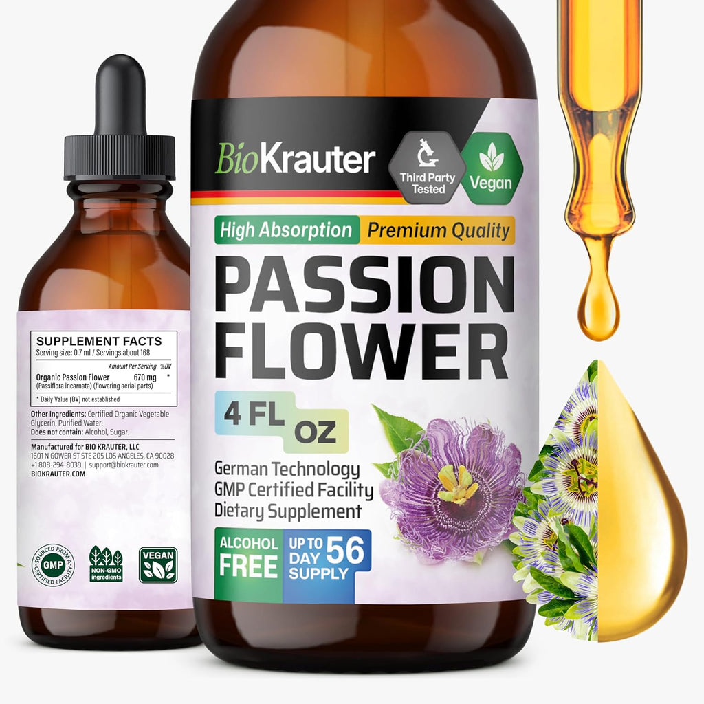 BIO KRAUTER Passionflower Tincture - Vegan Passion Flower Extract for Mood Support - Alcohol and Sugar Free - 4 Fl.Oz.