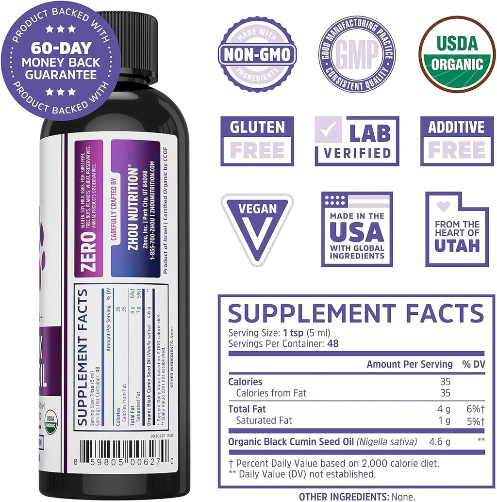 ZHOU Organic Black Seed Oil - Black Cumin Seed Oil Cold Pressed, Nigella Sativa, Pure Unrefined Blackseed Liquid, Premium Supplement for Health with Thymoquinone, Omega 3 6 9-8 Fl Oz (Pack of 2)