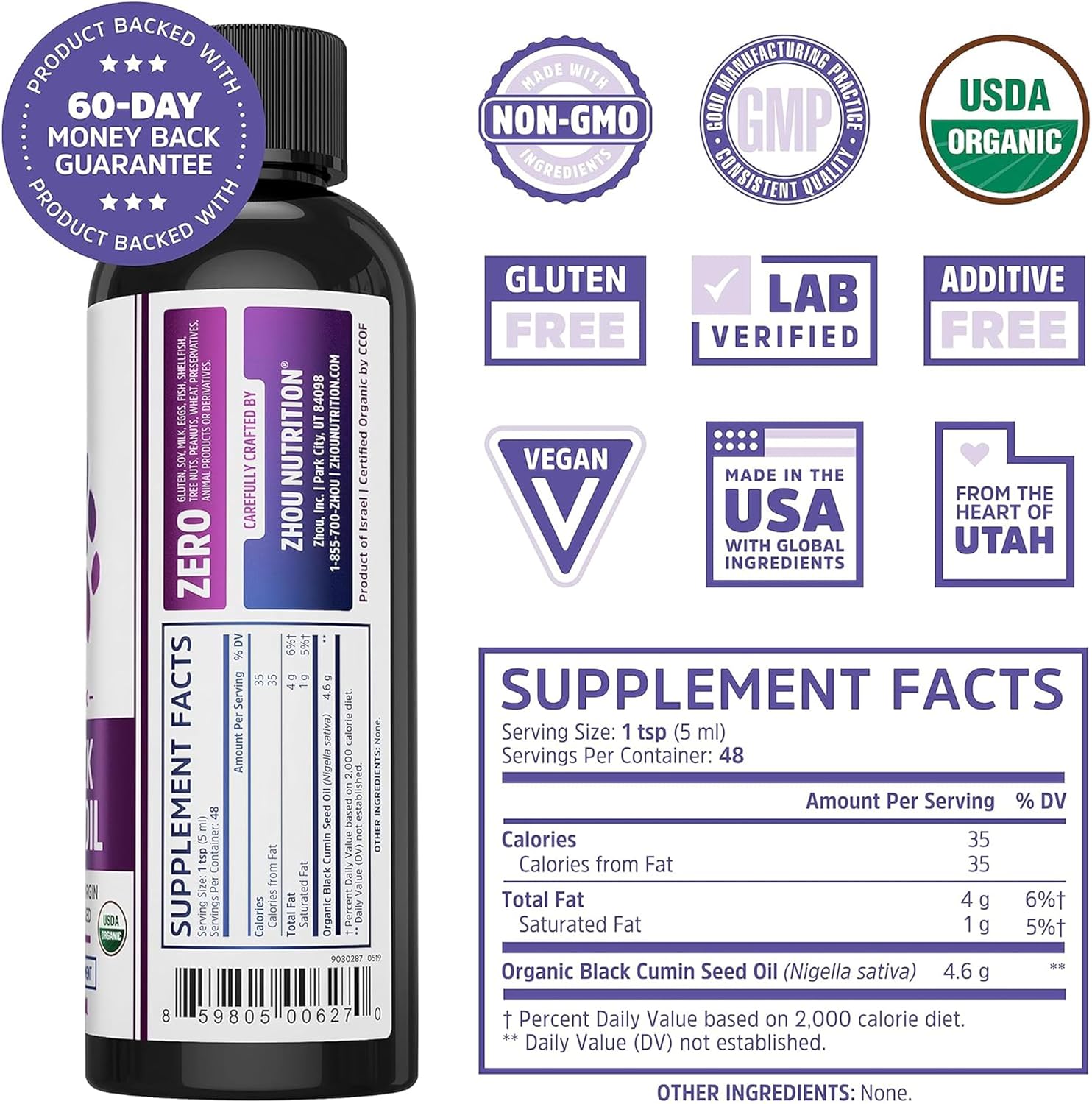 ZHOU Organic Black Seed Oil - Black Cumin Seed Oil Cold Pressed, Nigella Sativa, Pure Unrefined Blackseed Liquid, Premium Supplement for Health with Thymoquinone, Omega 3 6 9-8 Fl Oz (Pack of 2)