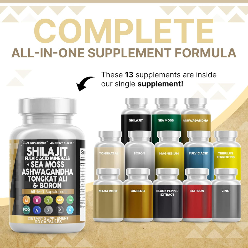 Clean Nutraceuticals Shilajit Supplement for Men with Sea Moss, Tongkat Ali, Ashwagandha, Boron, Zinc, CoQ10, PQQ - Fulvic Acid Capsules - Energy Support - 90 Count - Resin, Gummy & Powder Alternative