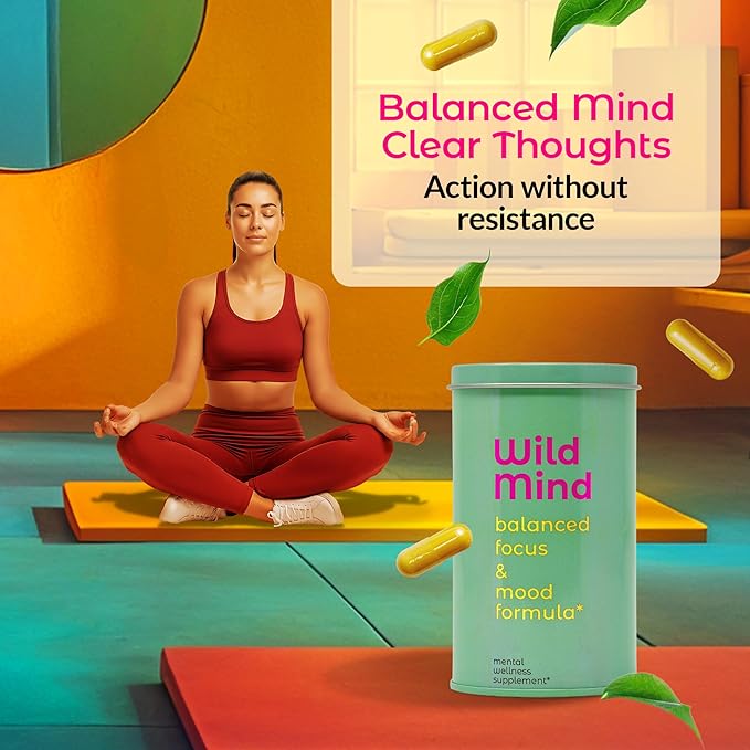 Wild Mind Mental Clarity Balanced Focus & Mood Support Supplement for Mental Wellness– 4-Ingredient Nootropic Brain Support for Calm & Energy – Vegan, 90 Capsules, 30-Day Supply