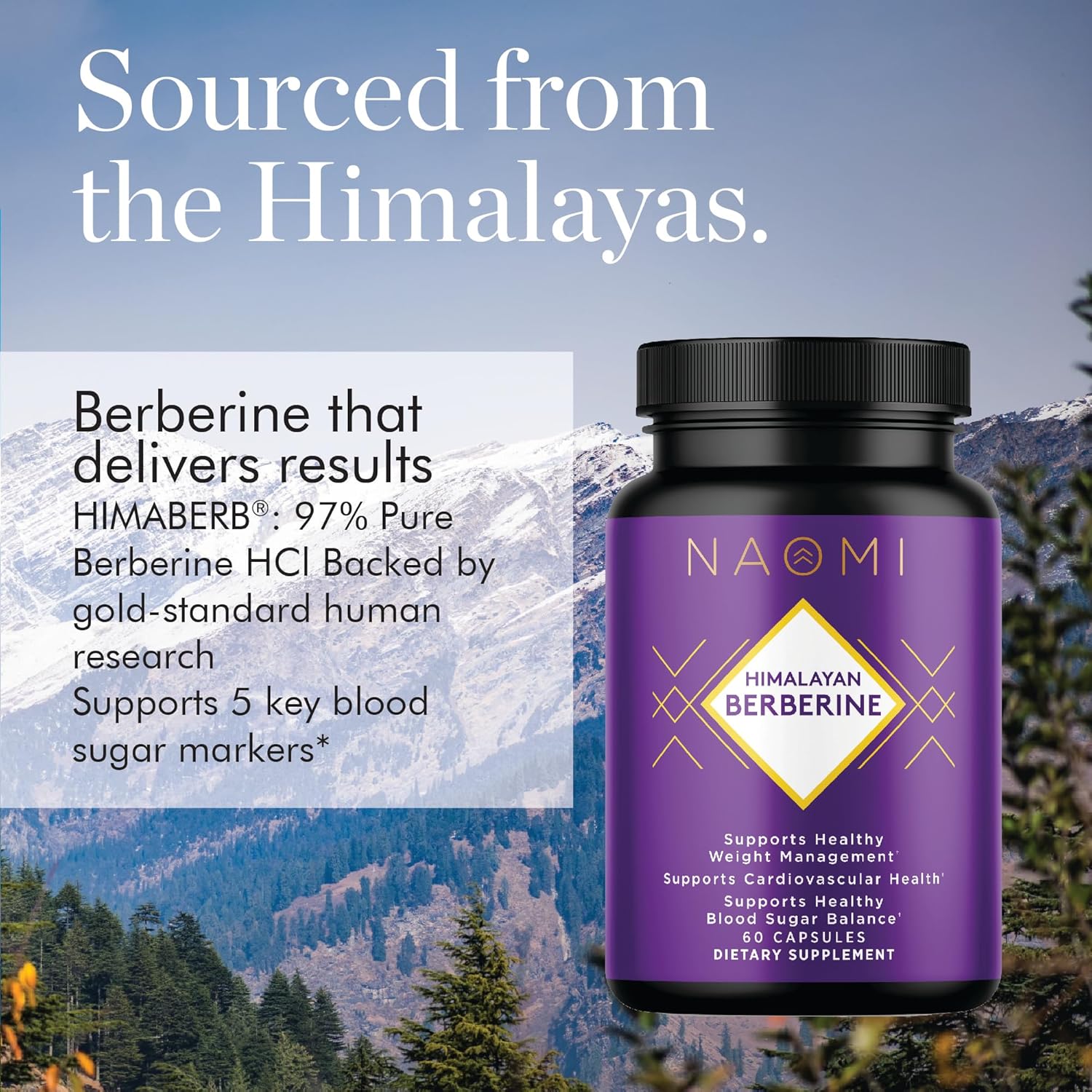 NAOMI Himalayan Berberine 500mg, Clinically Studied for Blood Sugar Support, Metabolic Function, Healthy Weight & Cholesterol, AMPK Activation, Non-GMO, Vegan, Gluten-Free, 60 Capsules, 1-Month Supply