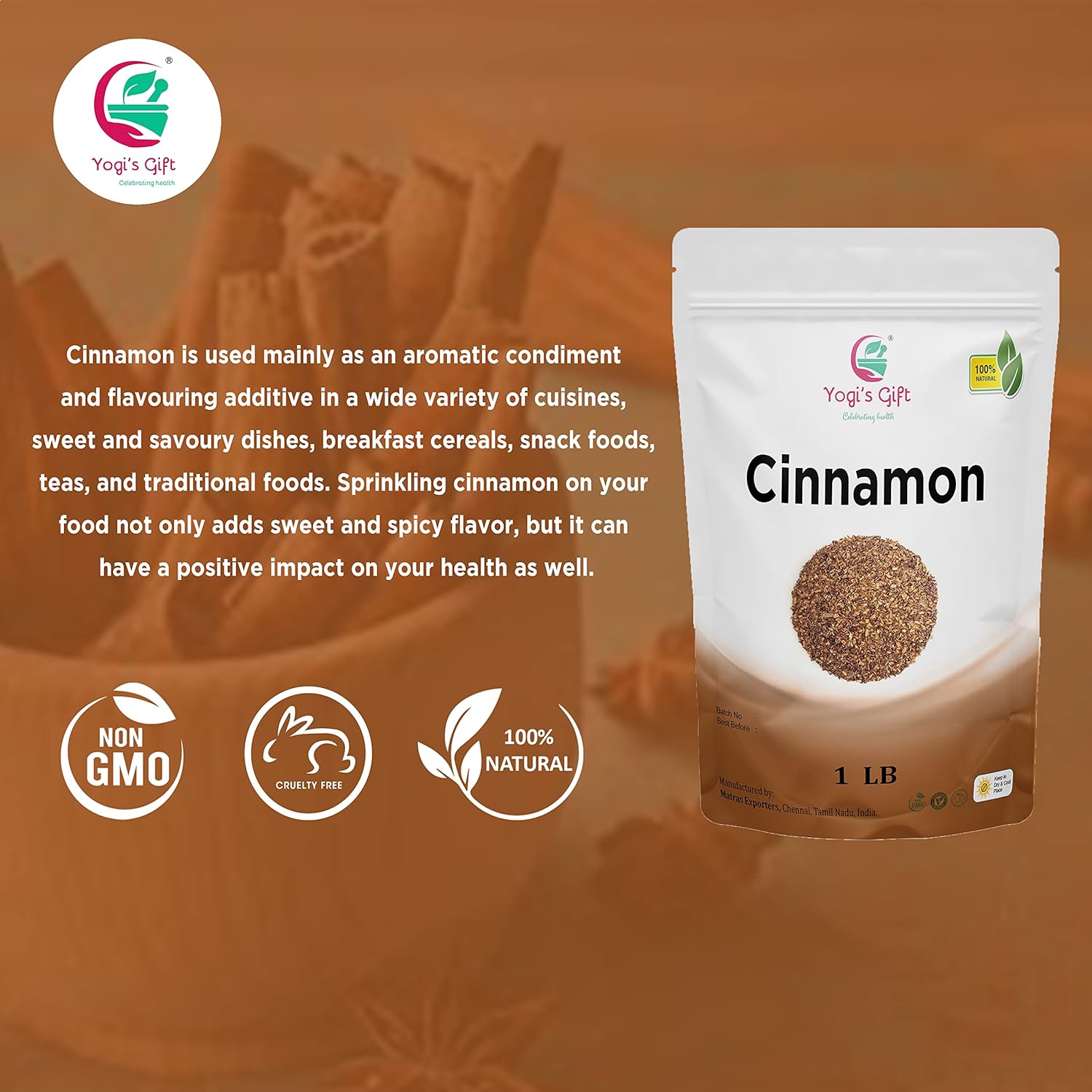 Crushed Cinnamon Bark 1 LB | Bulk Cinnamon Stick Pieces/Chips For Tea, Cooking | Rich Aroma and Great Flavour | Premium Grade Cinnamon by Yogi's Gift®