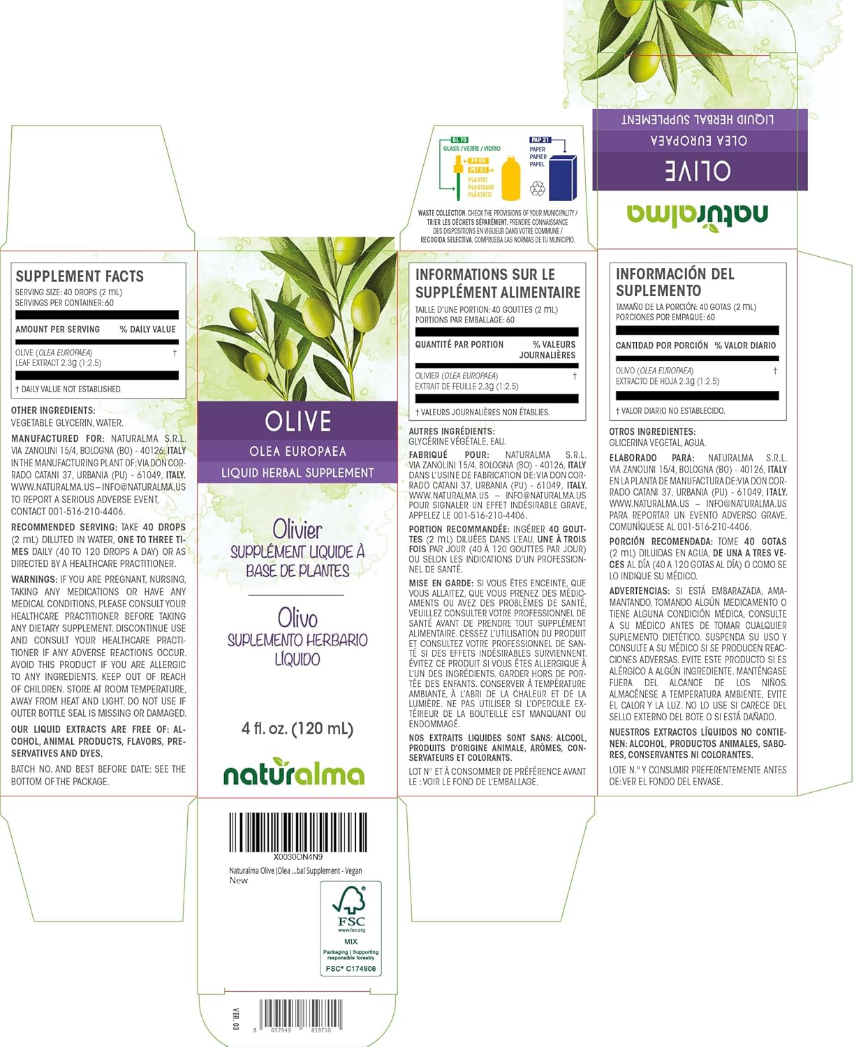 Naturalma Olive (Olea europaea) Leaf Alcohol-Free Tincture - 4 fl oz Liquid Extract in Drops - Herbal Supplement - Vegan