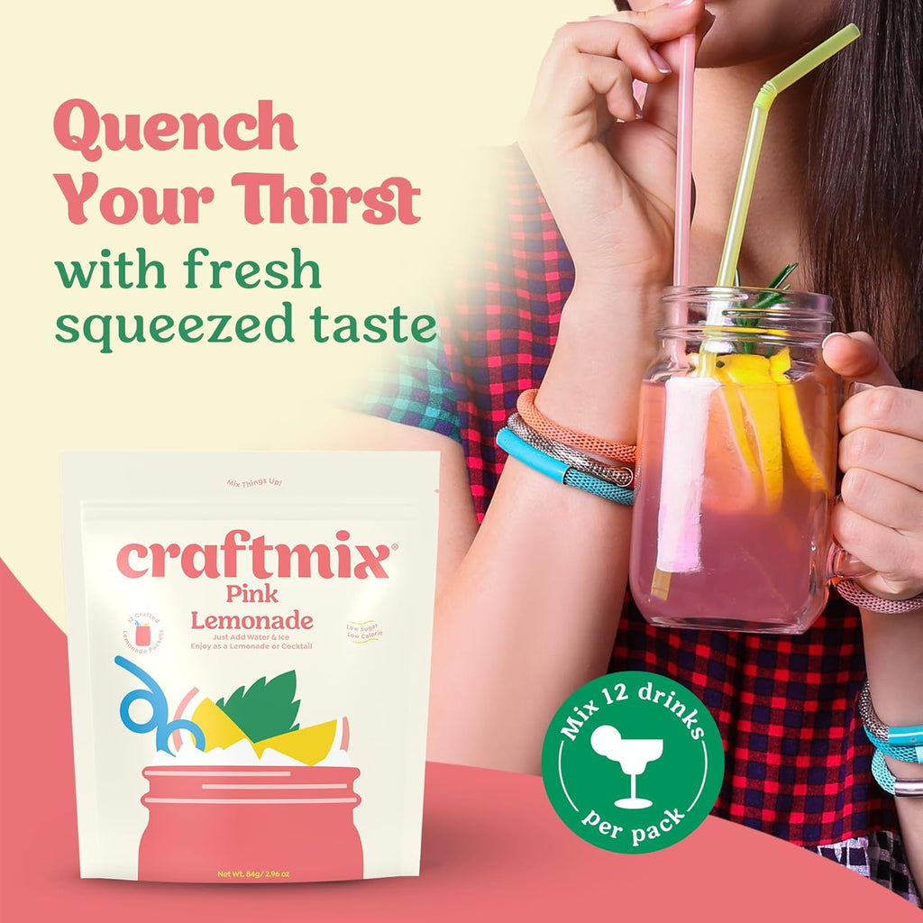 Craftmix Pink Lemonade Mix, 12 Packets, Easy Powder Drink with Real Fruit, Low-Sugar, Vegan, Low-Carb, Non-GMO, Dairy-Free, Gluten-Free, Flavored Water Enhancer, On-the-Go Water Flavoring Packets