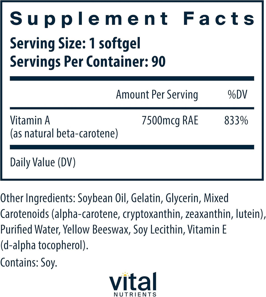 Vital Nutrients Natural Beta Carotene 25,000IU | Precursor to Vitamin A | High-Dose Antioxidant | Vision, Skin, and Health Support | Gluten, Dairy, Soy Free | 90 Softgels