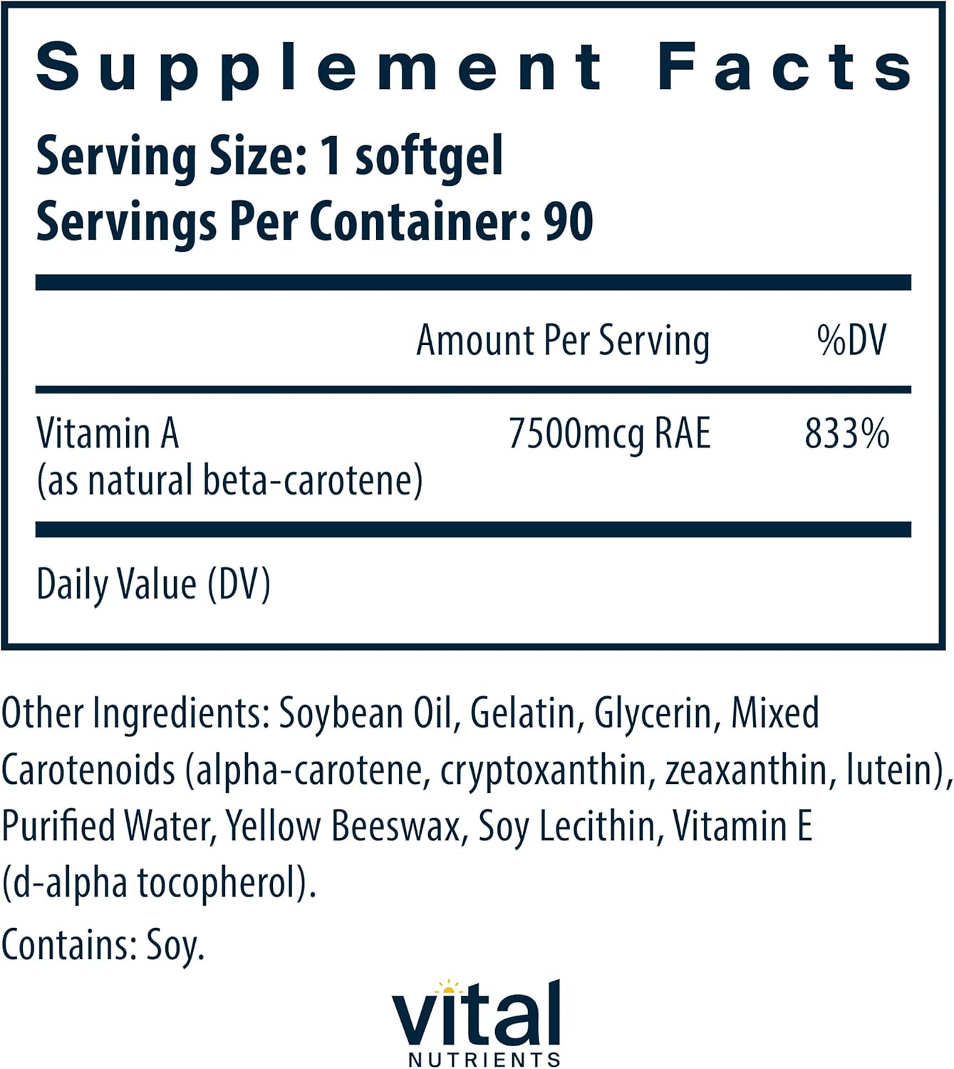 Vital Nutrients Natural Beta Carotene 25,000IU | Precursor to Vitamin A | High-Dose Antioxidant | Vision, Skin, and Health Support | Gluten, Dairy, Soy Free | 90 Softgels