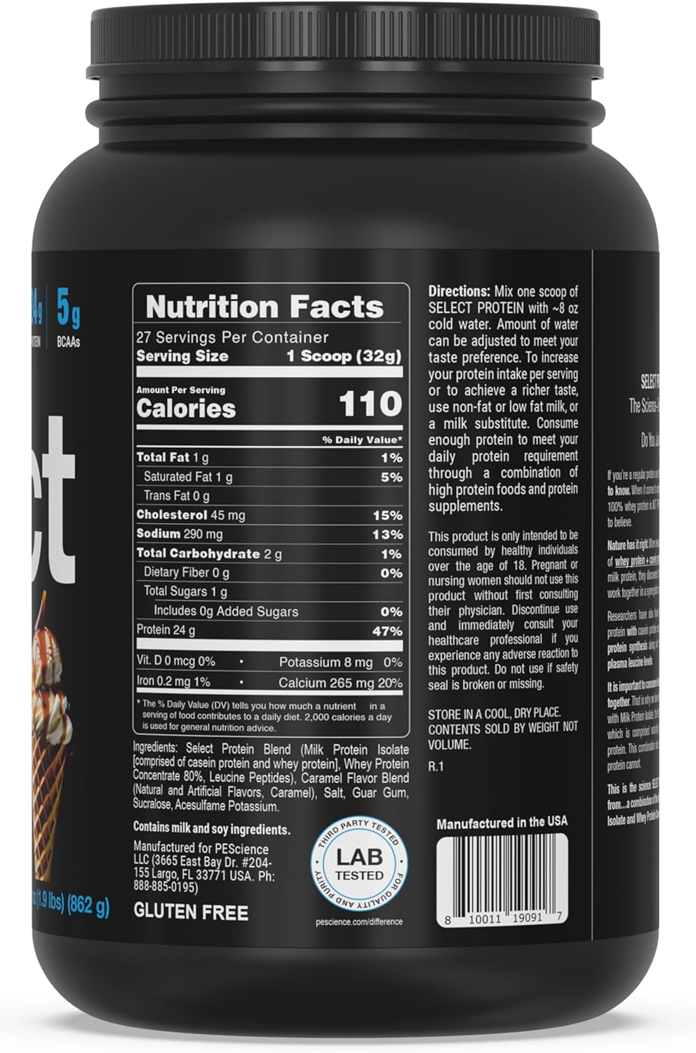 PEScience Select Protein Powder, Whey and Casein Blend, Clean Protein Powder for Women and Men, Low Calorie, Low Carb, Keto Friendly, Gluten Free, Caramel Waffle Cone, 27 Servings