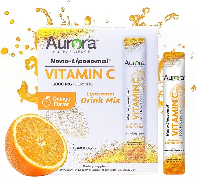 Vida Lifescience Aurora Nutrascience Nano-Pack Liposomal Vitamin C Powder Drink Mix, Immune Support, High Strength 3,000 mg Per Serving, 30 Single Serve Packets, Orange
