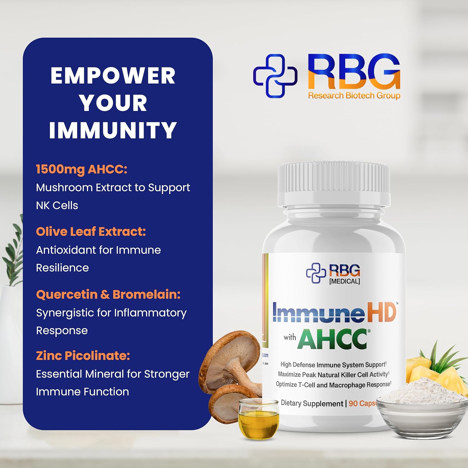 Immune-HD with AHCC Supplement for Immune Support,1500mg of AHCC Mushroom Extract + Olive Leaf & Quercetin with Bromelain, Natural Killer Cell Activity for Immune System, Liver Function, 90 Caps, RBG