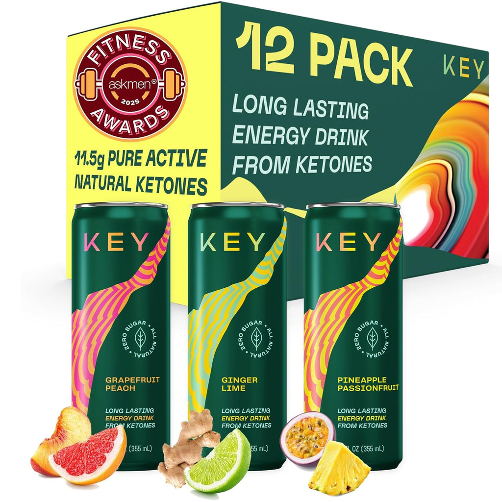 KEY Ketone Energy Drink - Sugar Free and All Natural from Ketones for Long Lasting Energy and optimal Green Tea Caffeine and L-Theanine for Mental Focus to Perform, Variety Pack (Pack of 12)