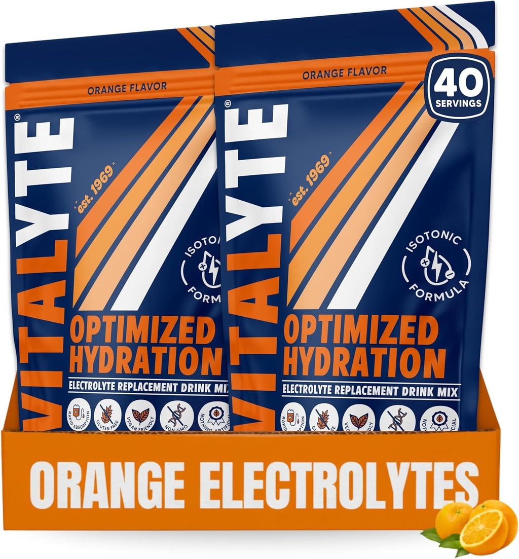 Vitalyte Electrolyte Powder Drink Mix, Isotonic Electrolyte Hydration Mix, Gluten Free Post Workout Powder Mix, Pack of 2, 35 oz. Each, Orange Flavor