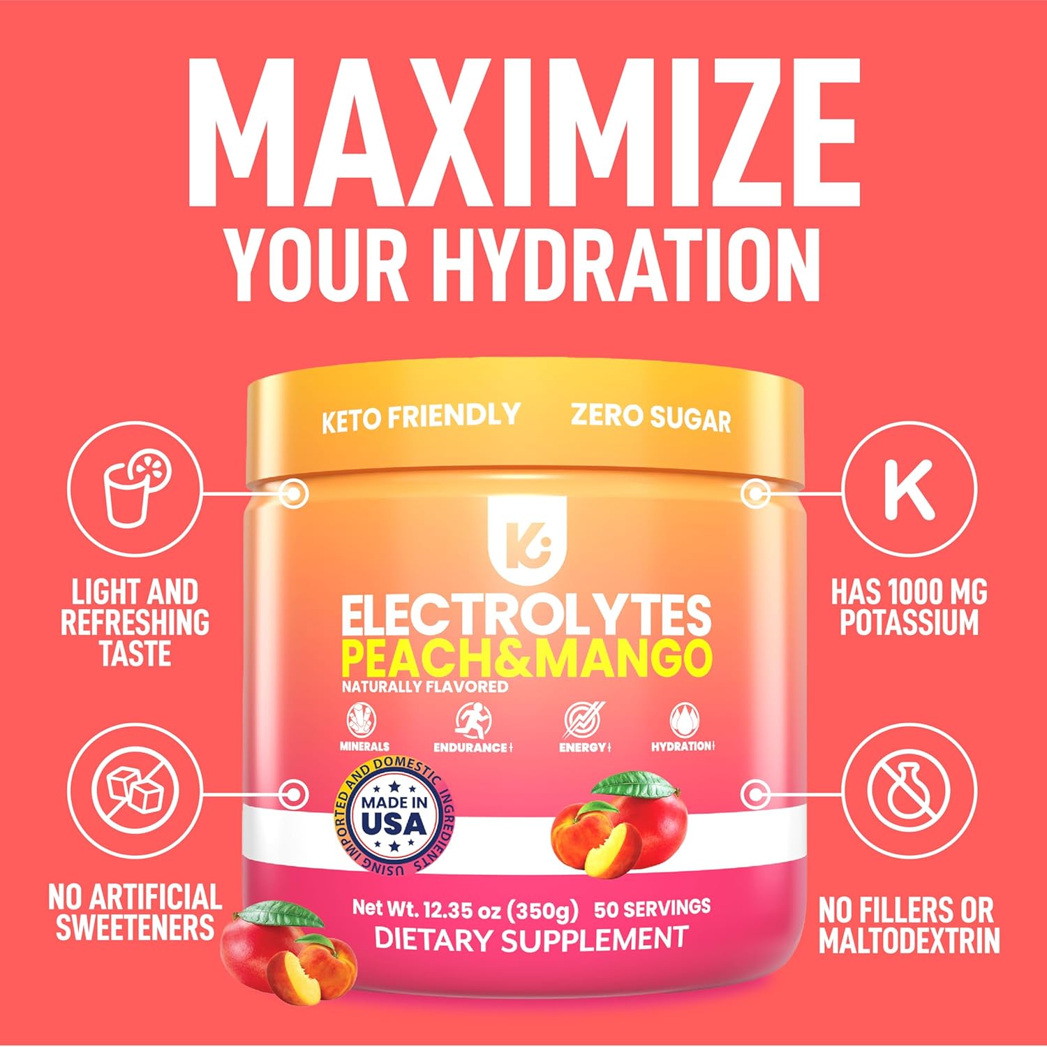 Keppi Electrolytes Powder – Peach Mango Flavor – No Sugar Hydration Supplement with Potassium, Magnesium, Sodium – 50 Servings – Keto, Vegan, Fasting-Friendly, Zero Calorie Electrolyte Drink