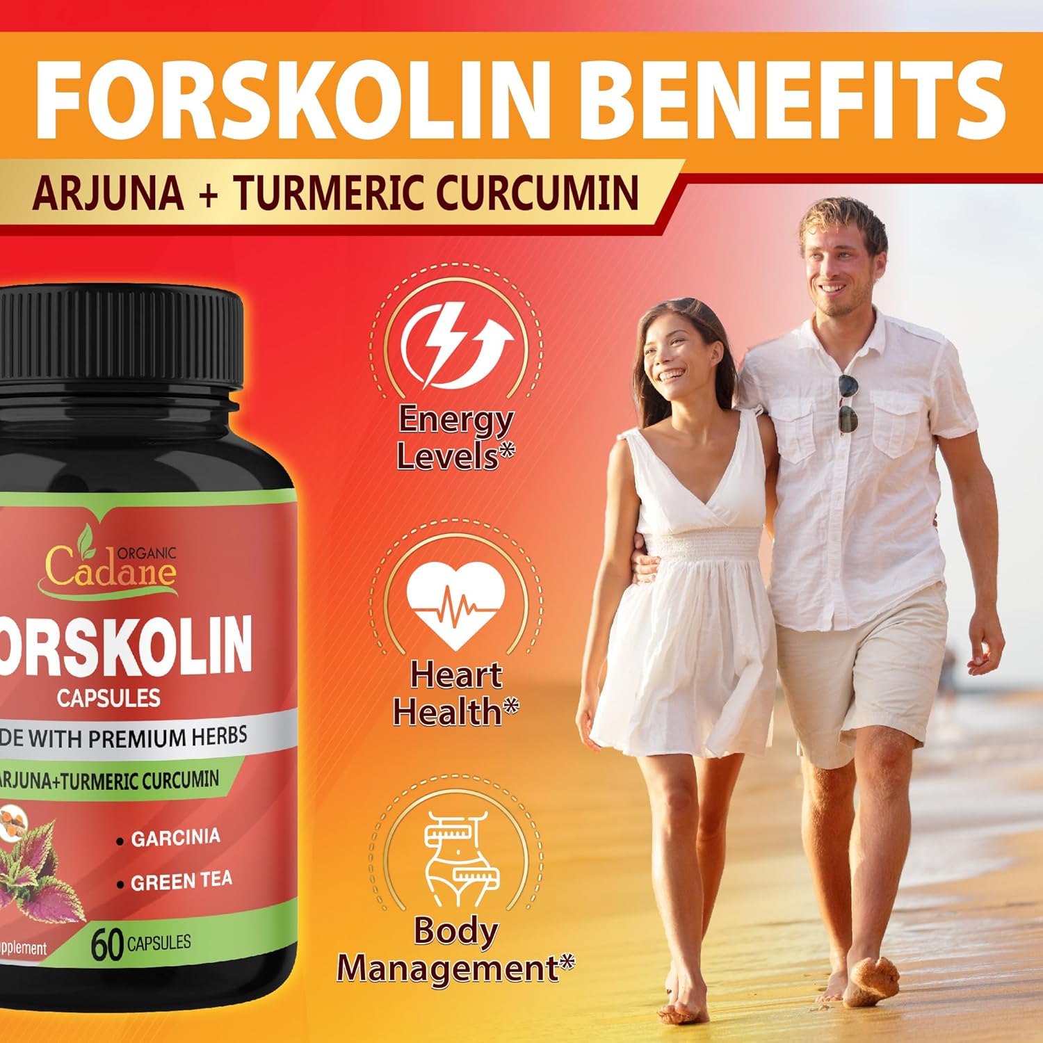 Organic Forskolin Supplements Capsules with Turmeric Curcumin, Arjuna, Garcinia Cambogia, Green Tea - 60 Capsules