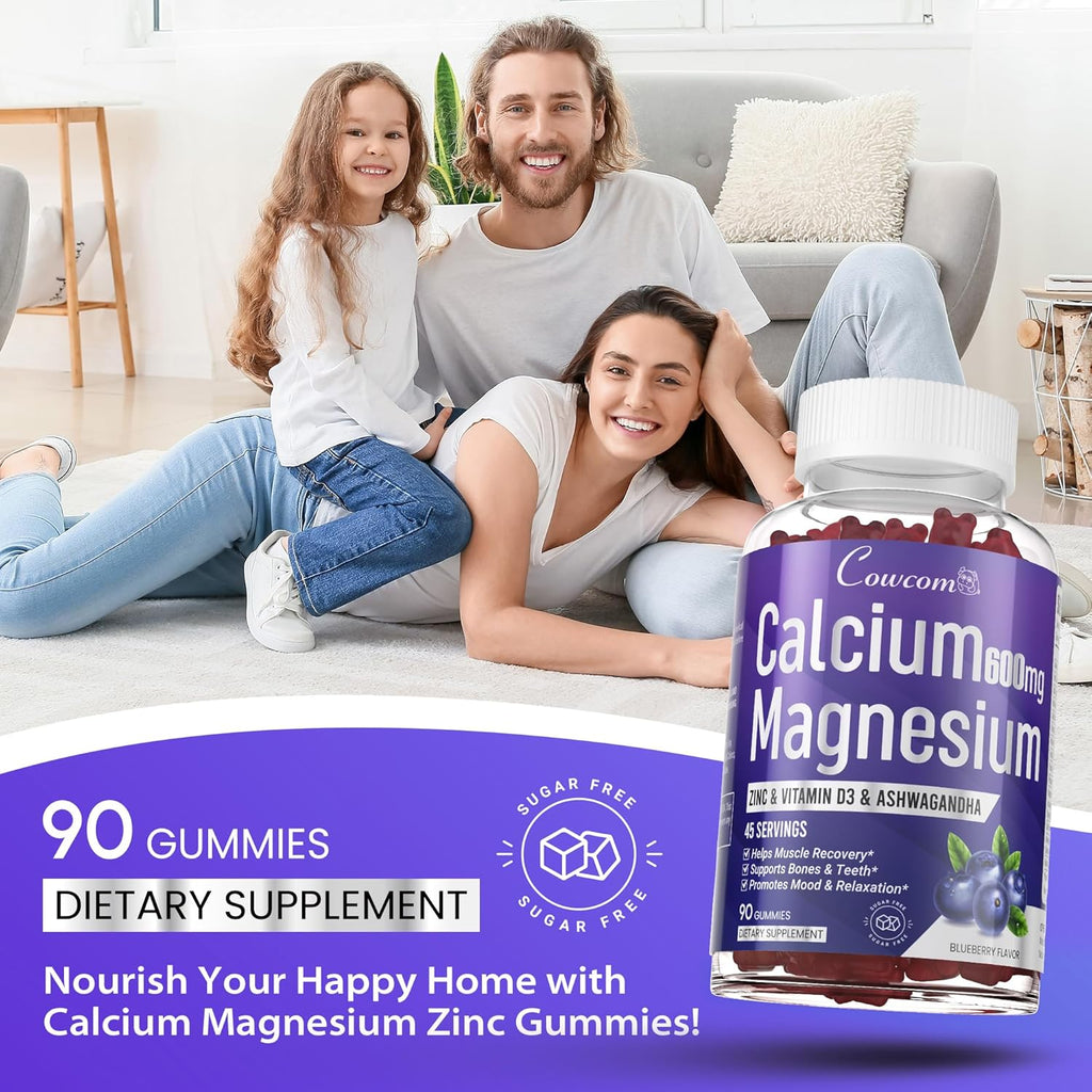 Calcium Magnesium Zinc Gummies & Vitamin D3,B6,B12,Immune & Supporting Bone Health Calcium Magnesium Supplement for Women Men,Sugar-Free Vegan Blueberry Flavored 90 Counts