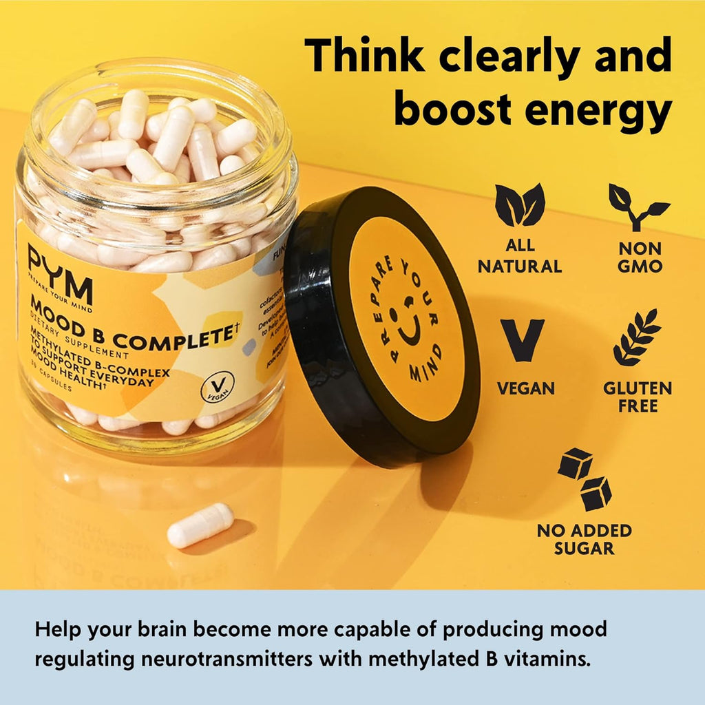 Vitamin B Complex Mood Support Supplement by PYM (30 Count) | Methylated B Complex for Everyday Mood & Energy Support | Non-GMO, Vegan, Gluten-Free