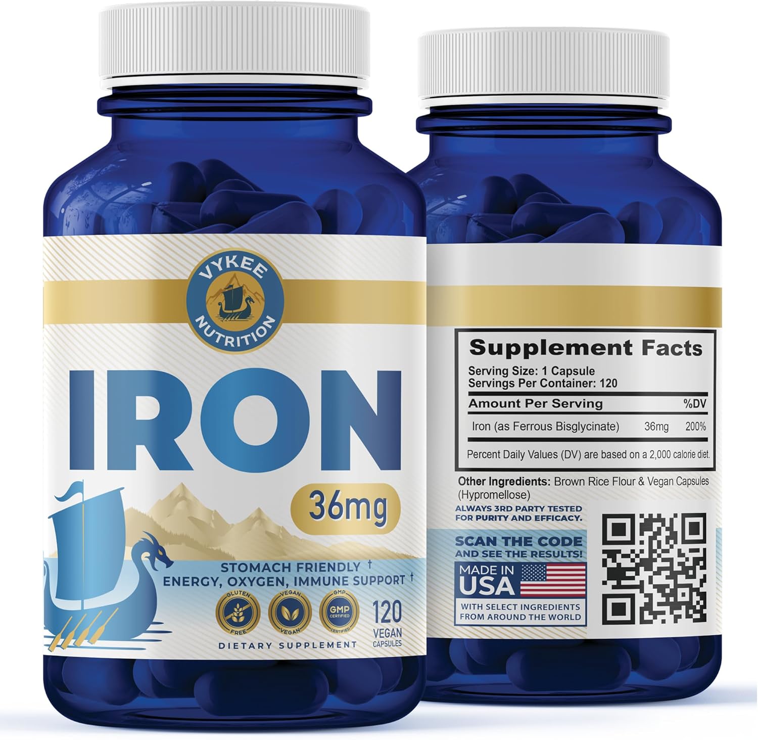Vykee Nutrition Iron Supplement – 36mg Iron (as Bisglycinate) | High Absorption, Gentle On Stomachs | Vegan, Non-GMO | Supports Energy, Immune Health & Red Blood Cell Formation | 120 Capsules