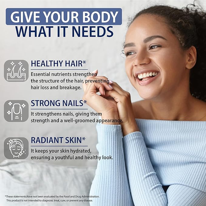 Biotin with Hyaluronic Acid, Keratin, and Collagen Supplements - Hair Growth Vitamins for Women, Healthy Nails and Skin, B1, B2, B3, B6, B7 Complex, USA