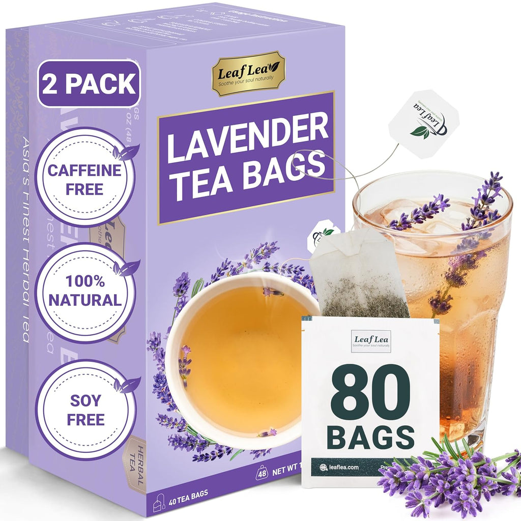 LeafLea 80 Premium Lavender Tea Bags, 100% Natural & Pure from Lavender Flowers, Nighttime Comfort & Digestive Support, Floral Aroma and Smooth Taste, Caffeine-Free, Sugar-Free, Individually Wrapped