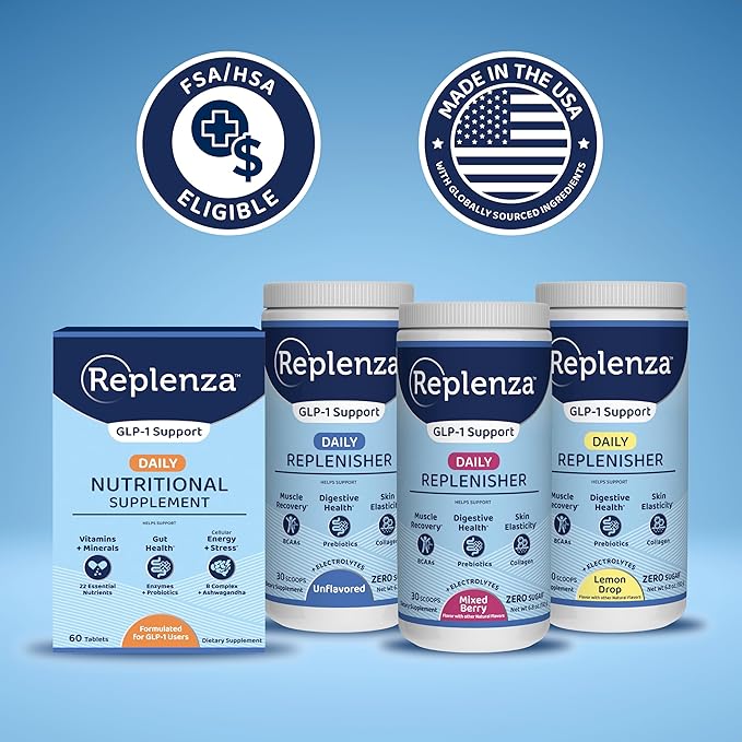 Replenza Daily Replenisher GLP-1 Nutritional Support, Powder, Muscle Recovery, Digestive Health & Skin Elasticity Mix of Amino Acids, Prebiotics and Collagen Peptides – Lemon Flavored, 3 Pack
