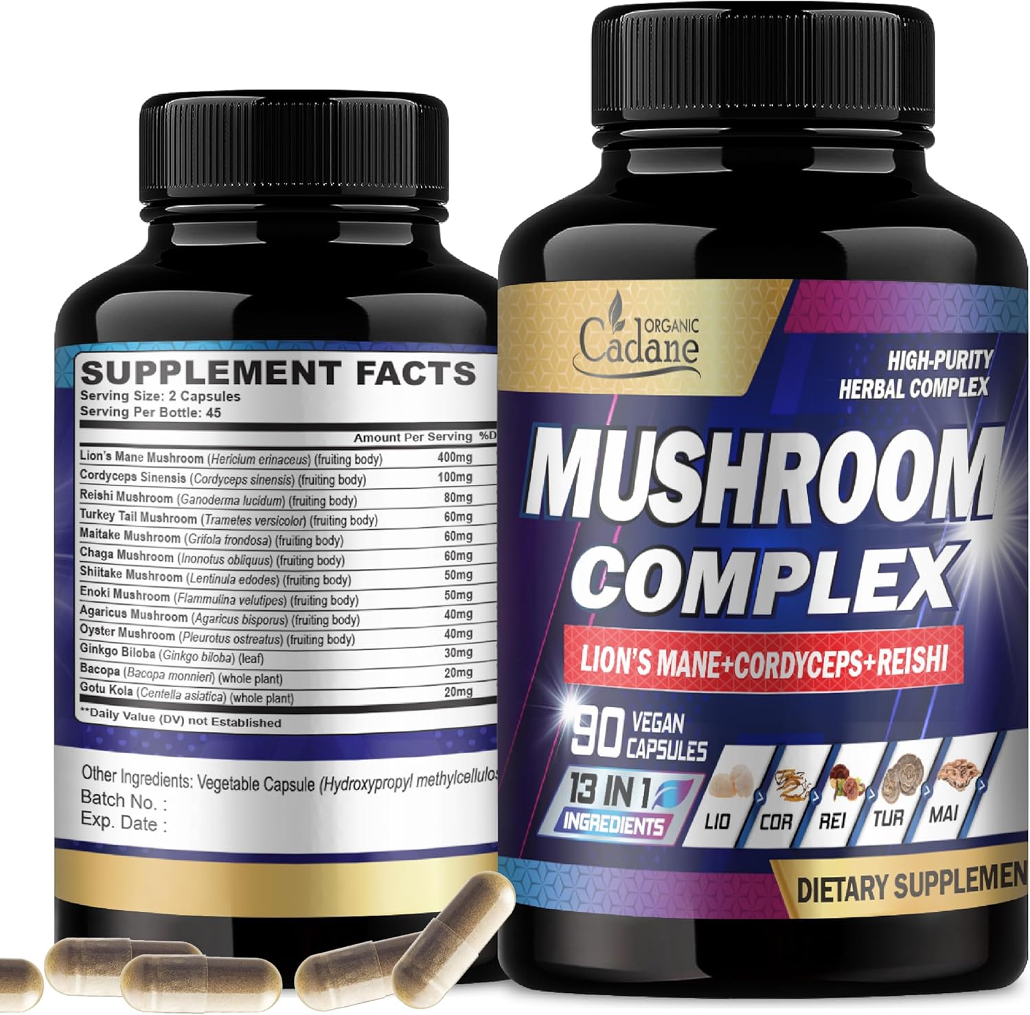 Cadane Mushroom Complex Supplements - 13in1 Concentrated with Lions Mane, Cordyceps Sinensis, Reishi, Turkey Tail Mushroom, Maitake, Chaga, Shiitake, Enoki, Agaricus, Oyster & More - 90 Vegan Capsules