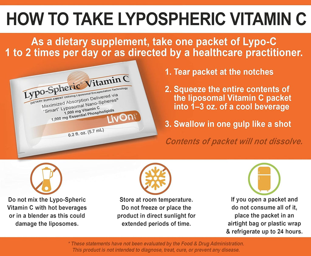 LivOn Laboratories Lypo–Spheric Liposomal Vitamin C 1000mg - No Sugar, Immune Support, Plant Based - Easy to Swallow, Absorbable, Individual Packets - Non–GMO, Gluten Free(0.2floz30 Packets)