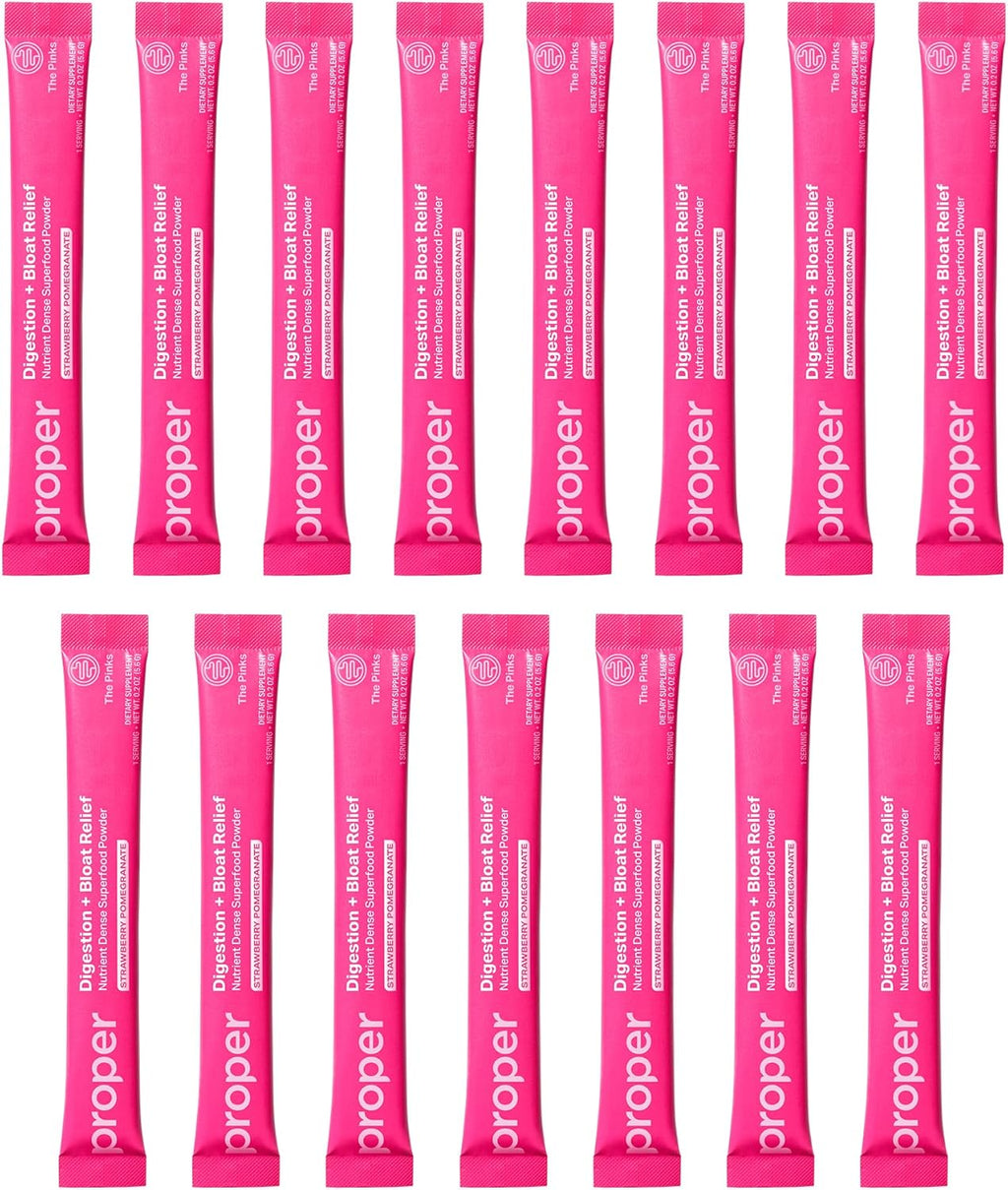 Proper, The Pinks Digestion and Bloat Relief. Drink Mix with Gut Health Probiotics, Prebiotics, Beet Root & Enzymes for Digestive Support. Bloating and Microbiome Supplement for Women and Men