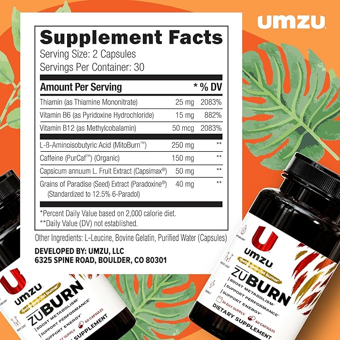 UMZU ZuBurn Energy Support Supplement, (30 Day Supply) – Caffeine Mitoburn Capsimax Grains Of Paradise B6 & B12 – Energy Supplements For Daily Energy, Focus & Active Lifestyle Support General Wellness