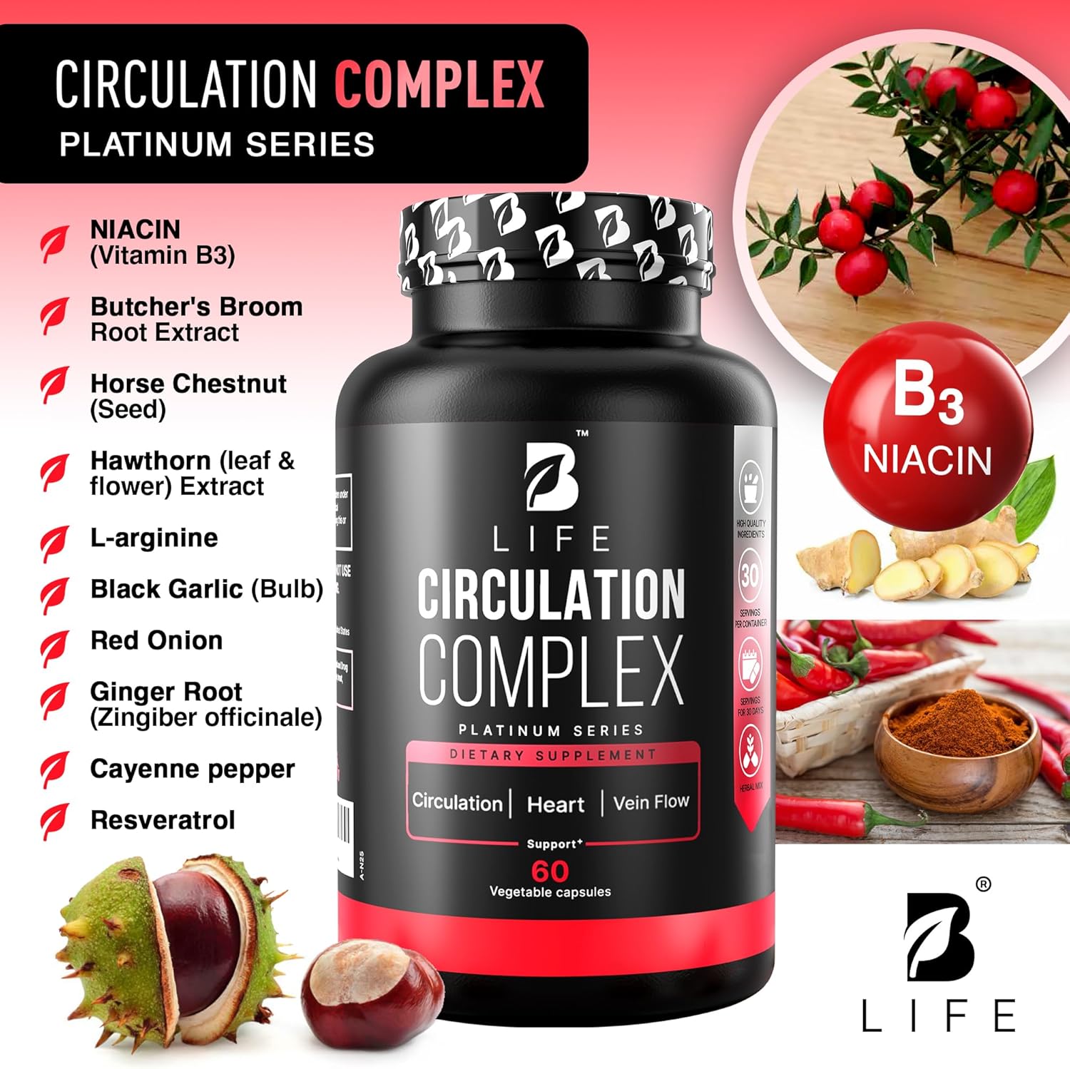 Circulation Support Supplement for Vein & Artery Health | Vascular Support with L-Arginine, Horse Chestnut & Butcher’s Broom | Promotes Healthy Leg Circulation & Vein Function | 60 Capsules
